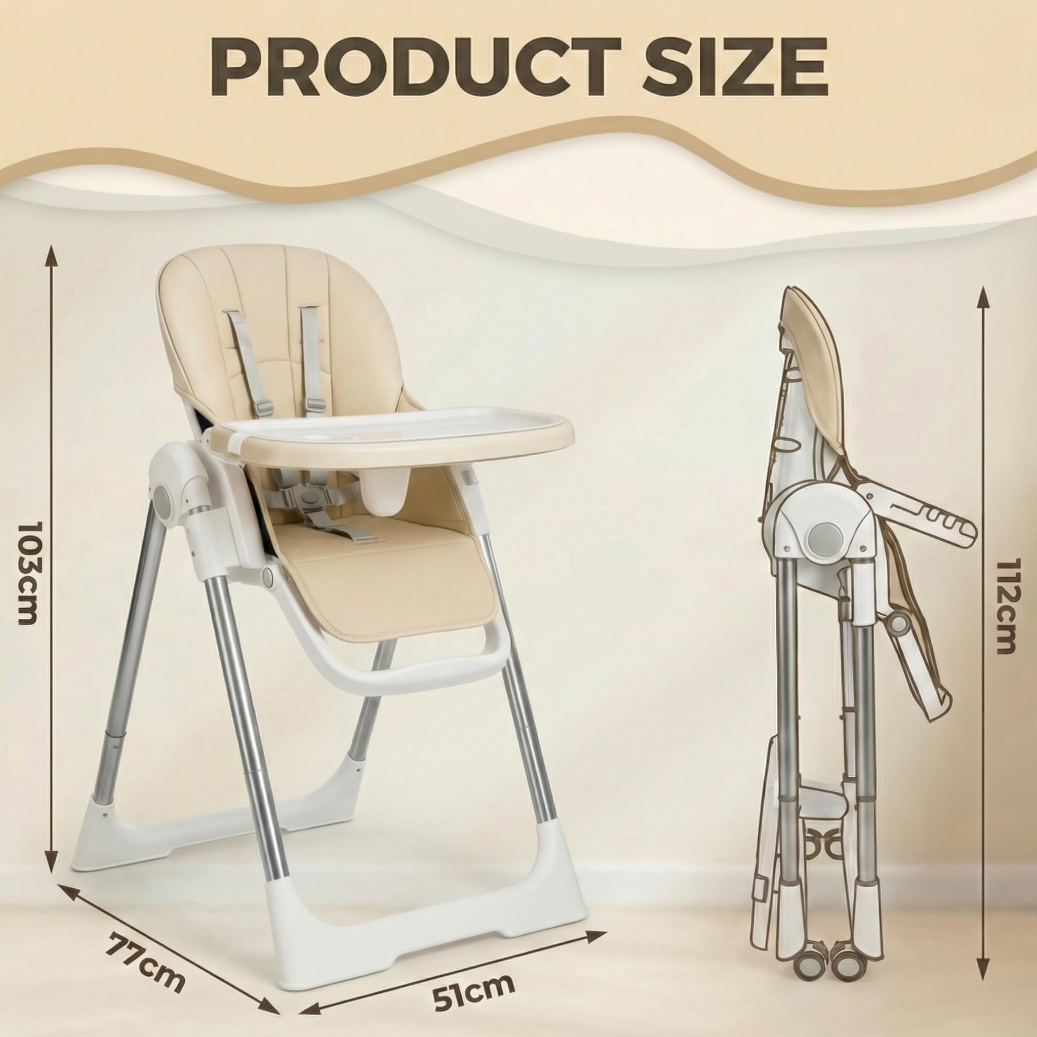 Chaise Haute Bébé, Chaise Haute Bébé Évolutive et Pliable, Hauteur Réglable Chaise Enfant, Dossier Inclinable 4 Positions, Repose-Pieds Ajustable, Harnais 5 Points,avec Coussin, Beige
