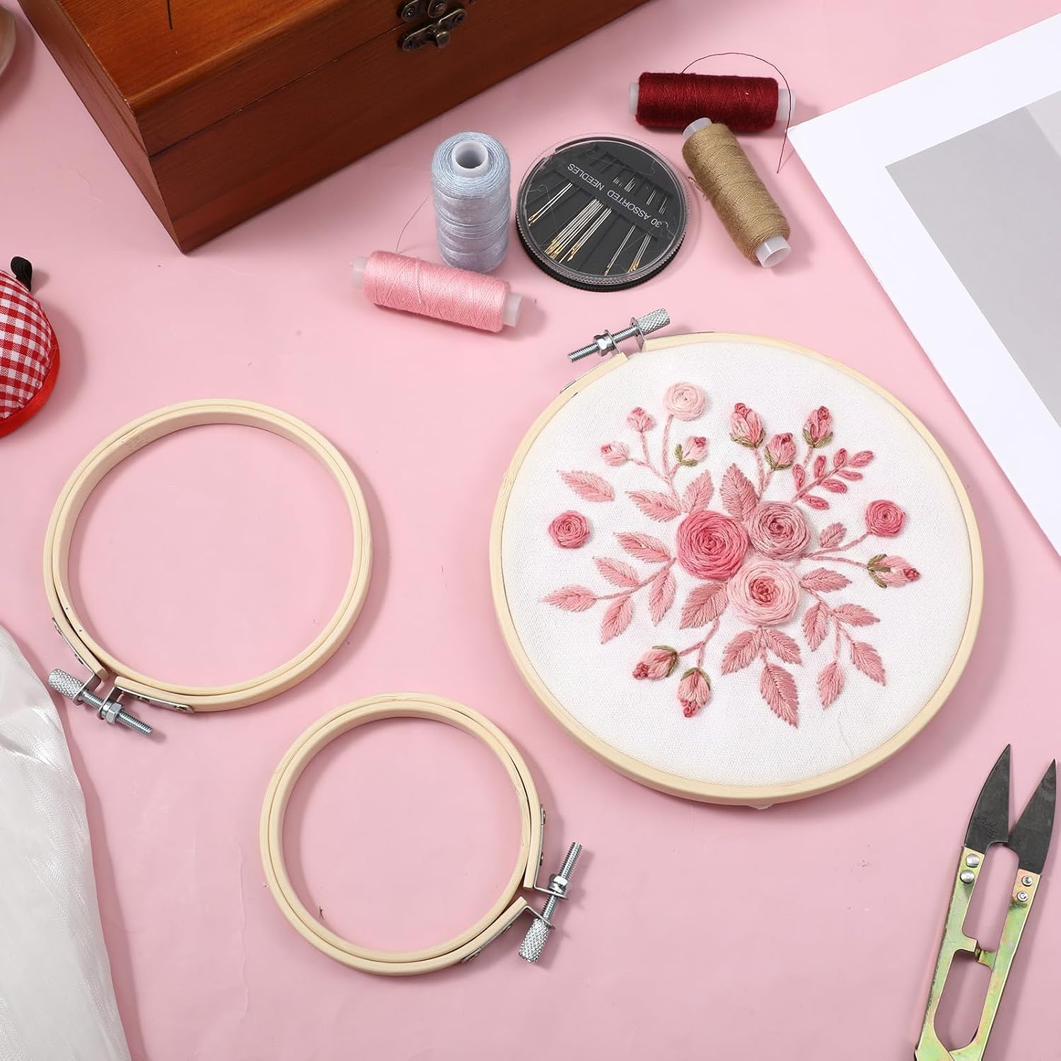 Styquenzer 3 PCS Embroidery Hoop with Metal Screw, Bamboo, Adjustable