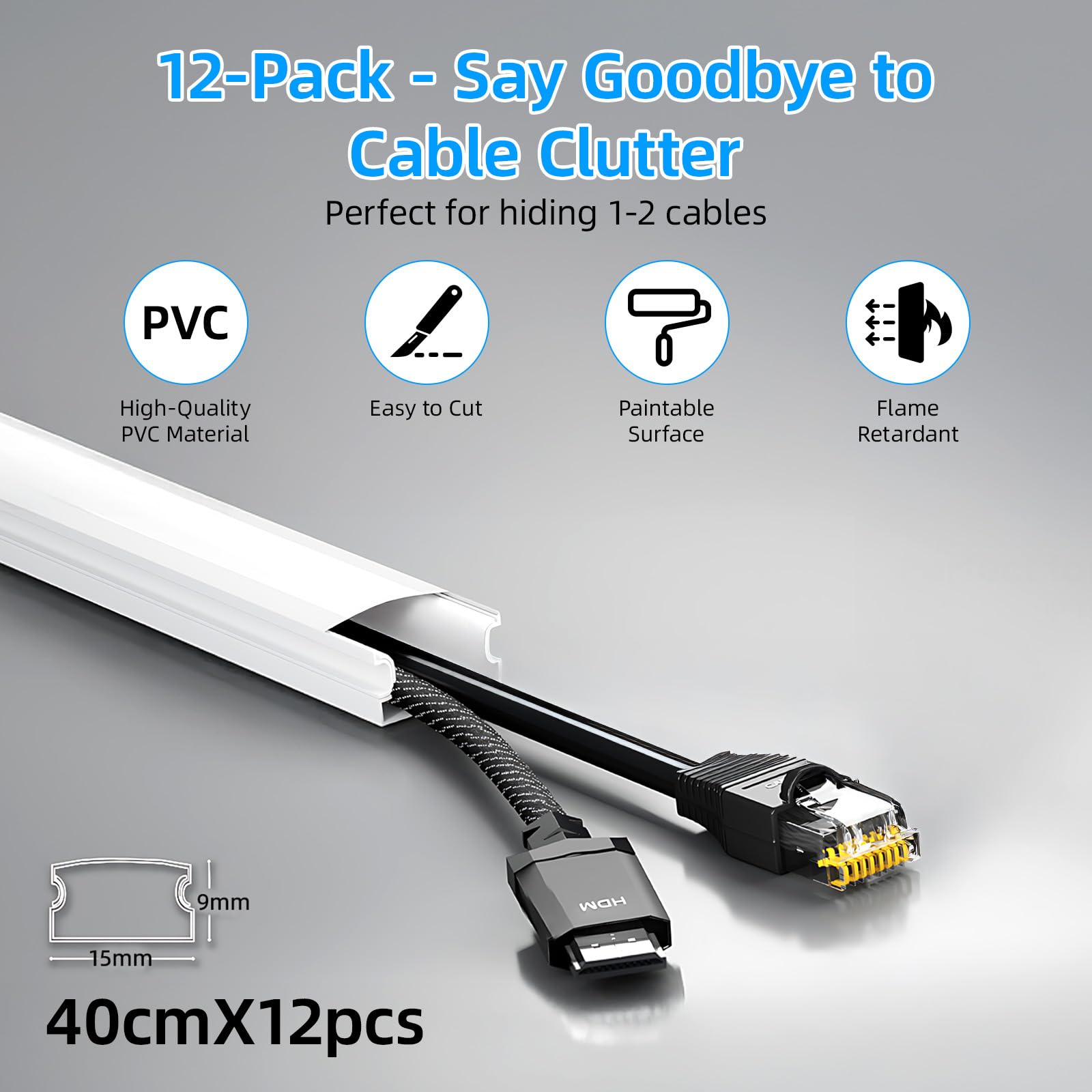 Carehabi Canaleta Cables Pared Adhesivo 4,8m (15x9mm,0,4mx12pcs), Organizador de Cables y Canaletas para Cables, Cubre Cables Pared Autoadhesivo para TV y Despacho, Blanco — view 2