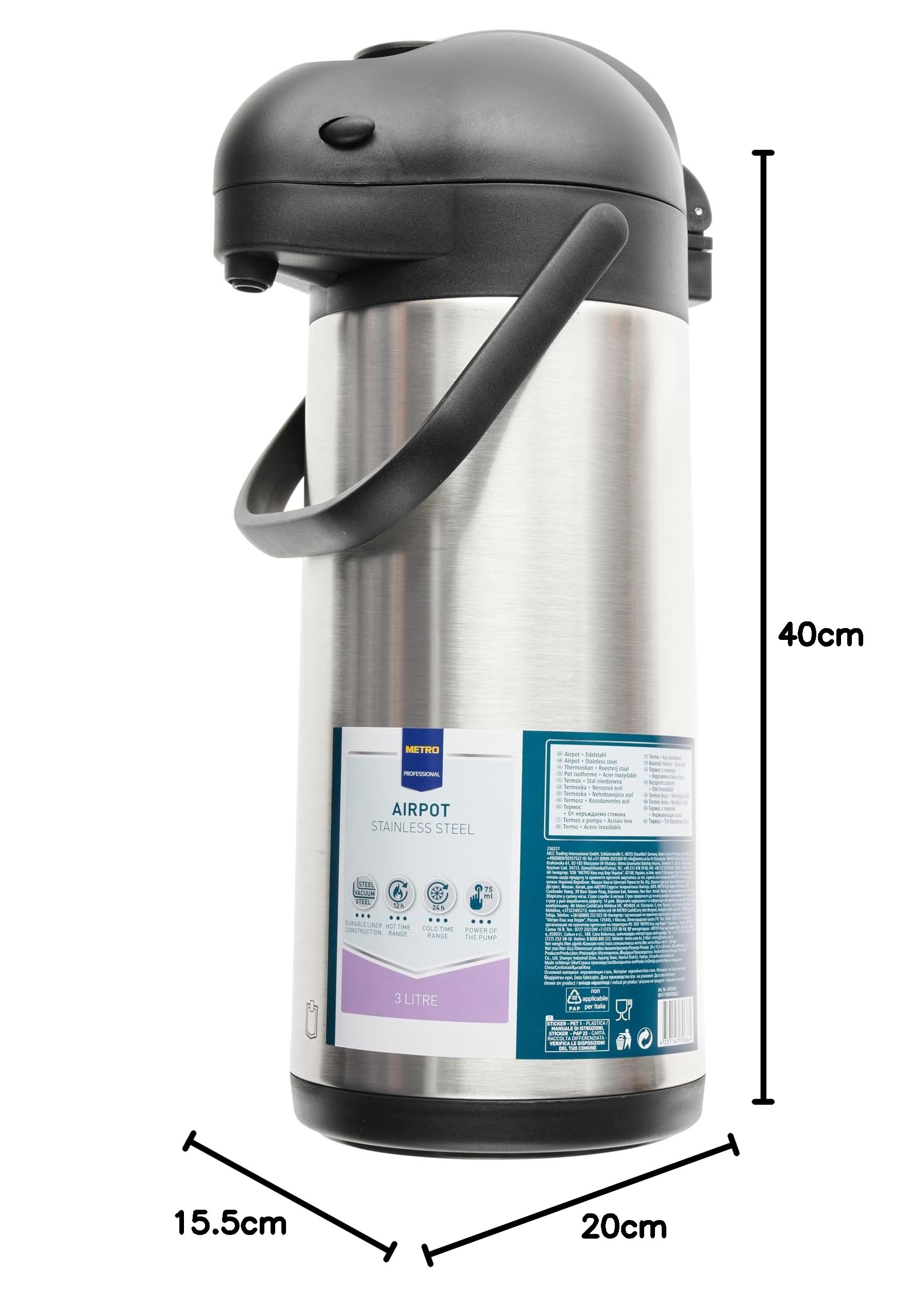 METRO Professional Pichet à pompe isotherme 3 litres - Acier Inoxydable 18/8, Argenté/Noir