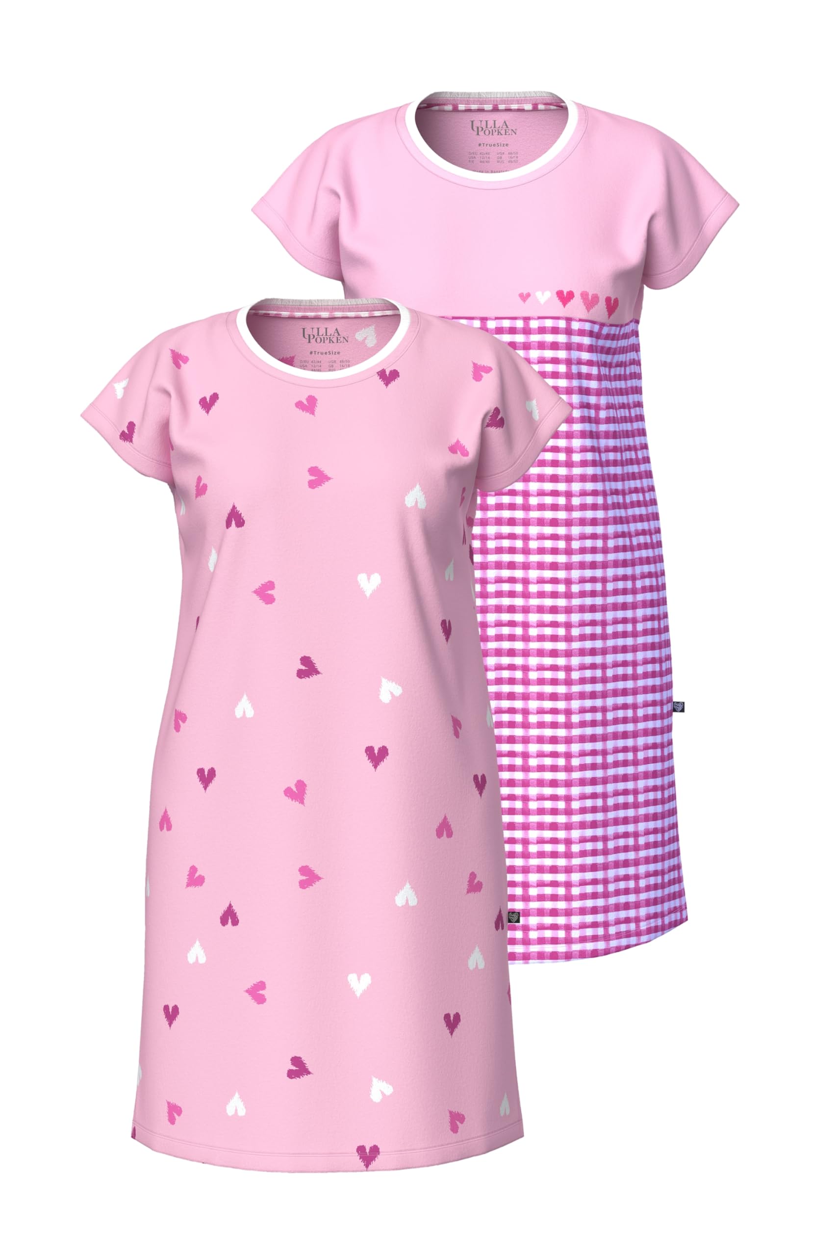 Ulla Popken Damen große Größen Übergrößen Plus Size Bigshirts, 2er-Pack, Karo/Herzen, Rundhals, Halbarm 840288