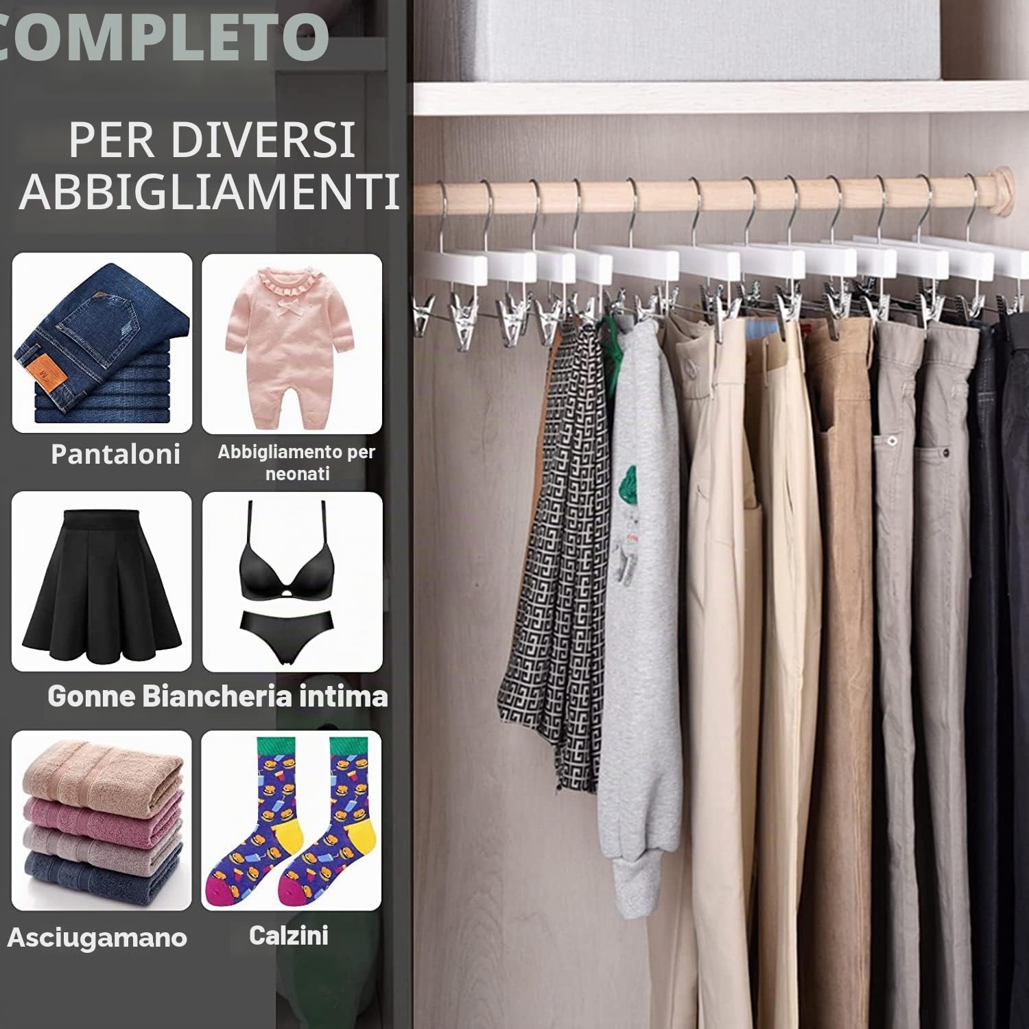 Amber Home 10 Pezzi 35.5cm Grucce Appendiabiti in Legno Bianco Liscio Robusto per Pantaloni Gonna Calzino Biancheria Intima Mutande con Clips