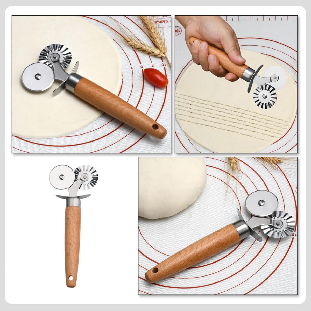 Wooden Handle Double Wheel Embossed Pizza Cutter Roller Dough Cutter for Kitchen Baking and Pasta Preparation, Multipurpose Pizza Cutting Tool for Home Use Random Color