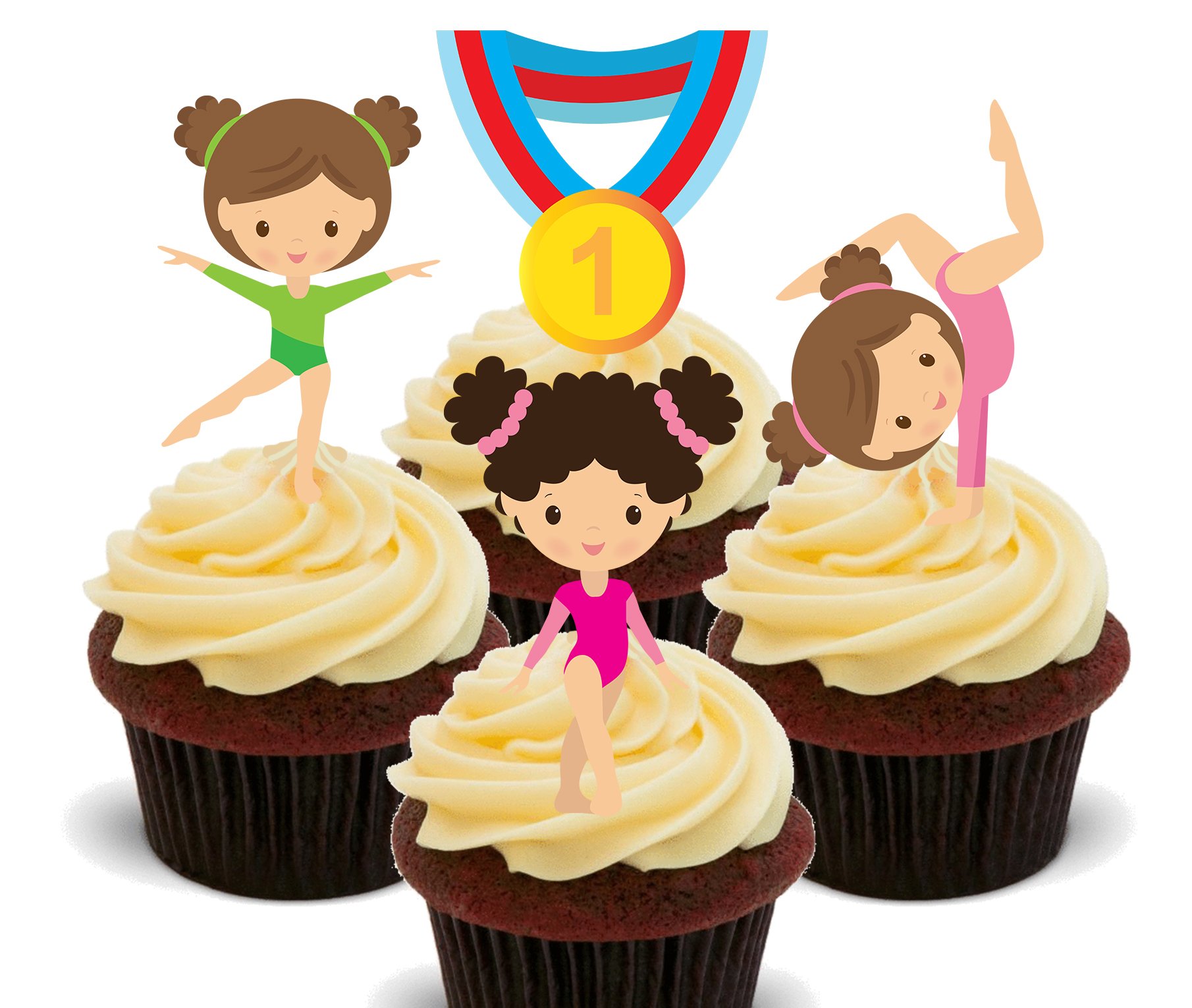 Made4you Mixed Little Gymnasts With Medals, Gymnastics Edible Cupcake Toppers - Stand-Up Wafer Cake Decorations (Pack Of 12)
