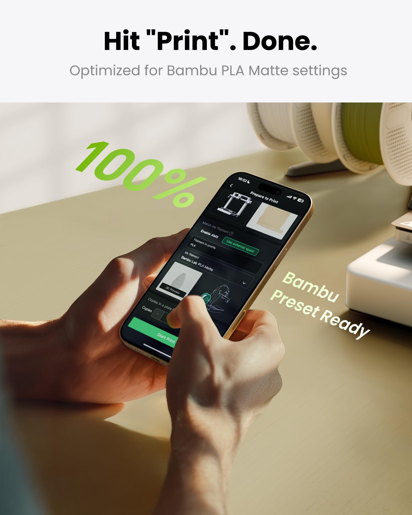 Filamento PLA mate con carrete reutilizable de cambio rápido 1kg (2.2lbs), filamento de impresión 3D de 1.75mm, compatible con impresoras 3D Bambu Lab – Verde Hierba