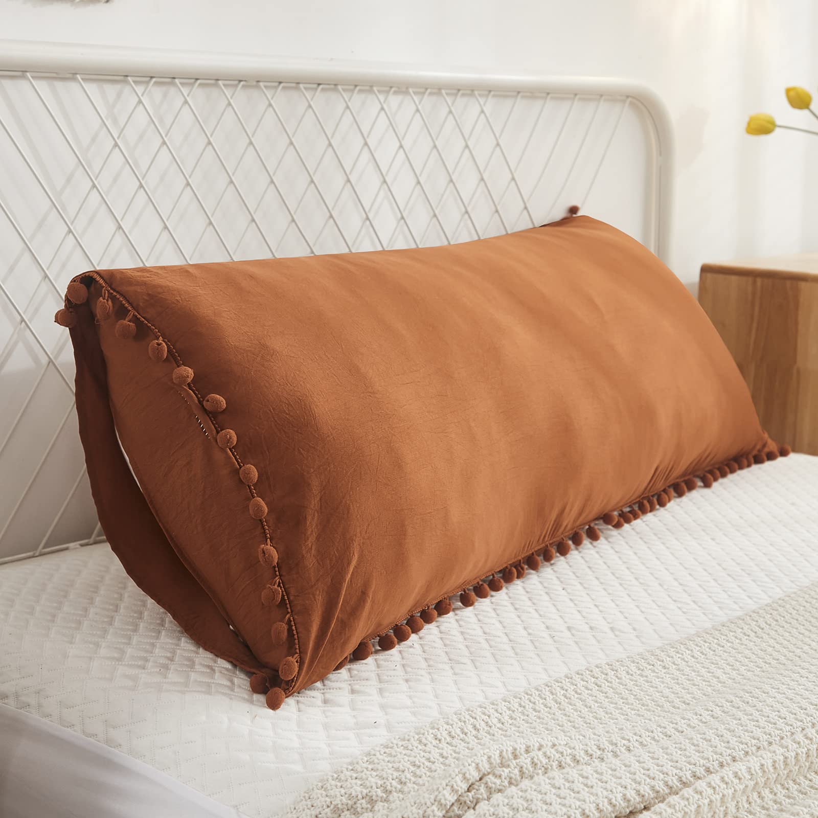 Burnt Orange Body Pillow Cover 20x54inches Boho Chic Pom Poms Fringe Decor Body Pillow Case Cover with Pocket Closure(Body,Rust) - Image 3