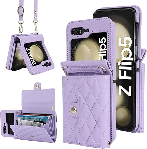 Funda tipo cartera cruzada de acordeón para Samsung Galaxy Z Flip 5, 4 ranuras para tarjetas, bloqueo RFID y correa ajustable, accesorio elegante y