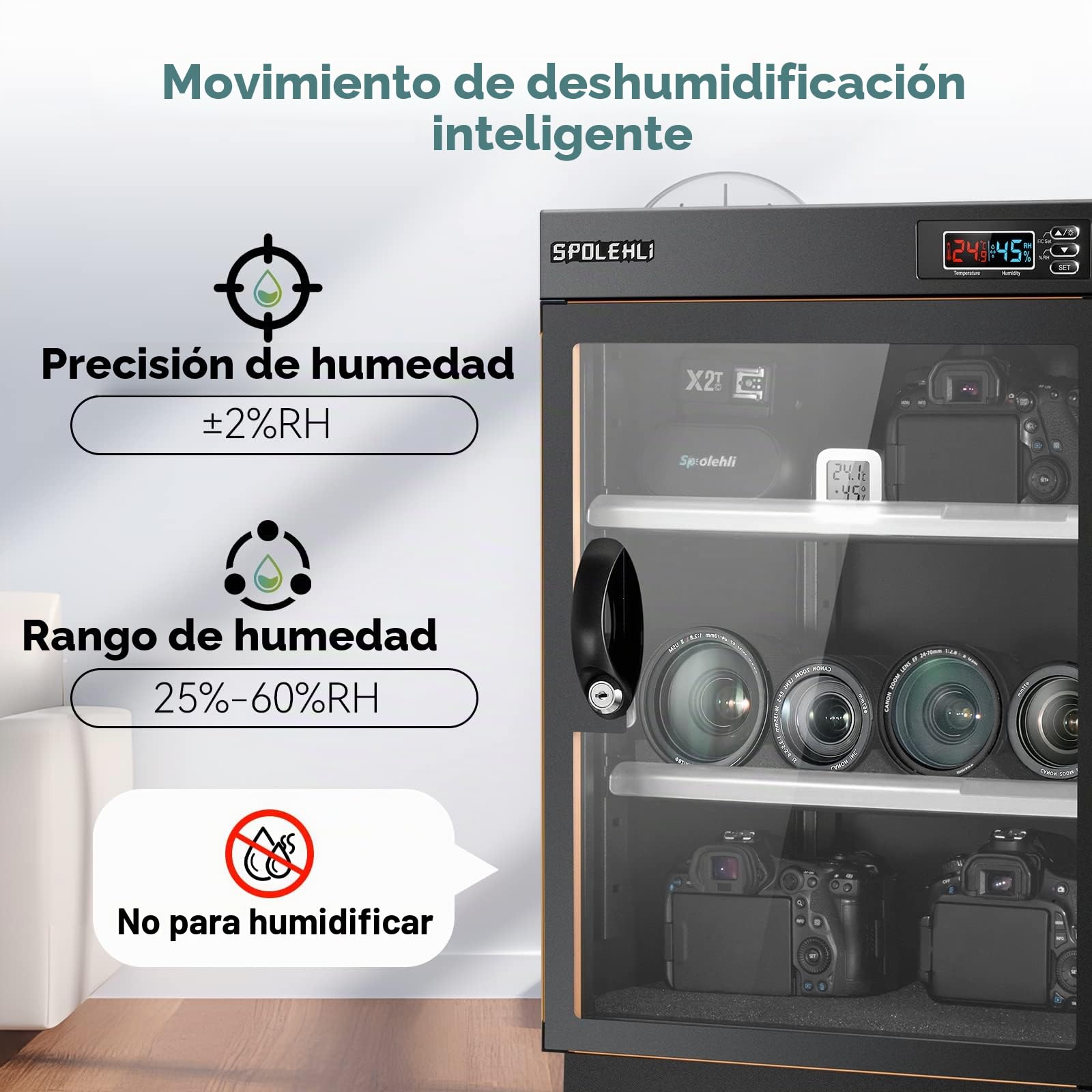 Armario de secado para cámaras Spolehli Armario de secado electrónico de 70 litros con control digital y luz LED para el almacenamiento de equipos electrónicos y objetivos de cámaras.