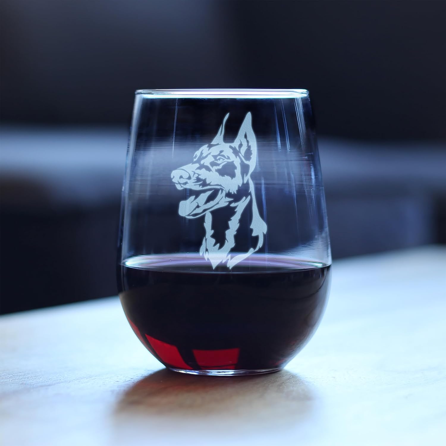 Custom Doberman Face Stemless Wine Glass - Cute Dog Themed Decor and Gifts for Moms & Dads of Pinscher Dobermans - Large 17 Oz - Customized Glasses