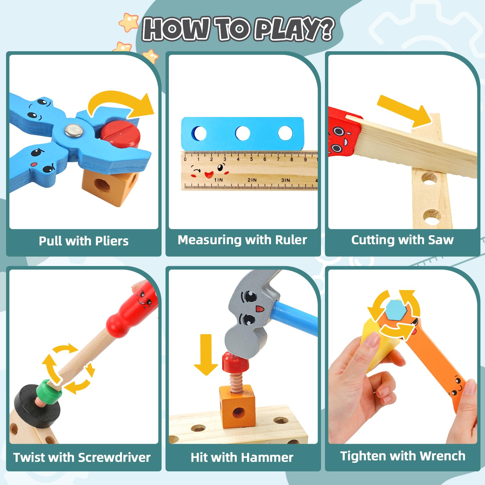 edutree Kids Tool Set Toys for Toddlers 3 4 5 Years Old, Wooden Pretend Play STEM Construction Kits with Tool Box, Montessori Educational Learning Construction Toy for Boys Girls