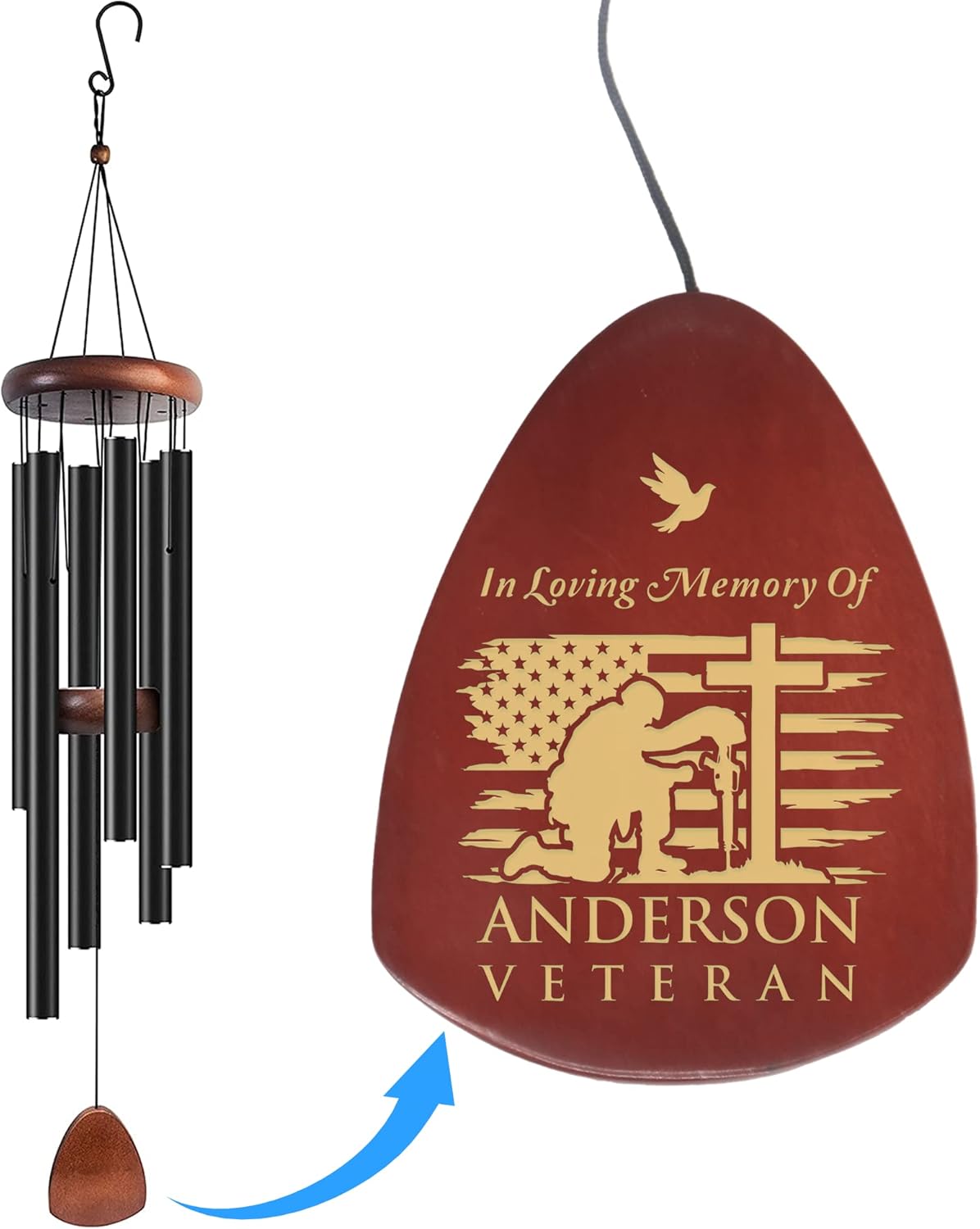Military Memorial Wind Chime Personalized - Sympathy Wind Chime for Soldiers in Navy, Air Force, Army, Coast Guard - Custom Wind Chime for Dad Mom Family on Memorial Day, Father Day