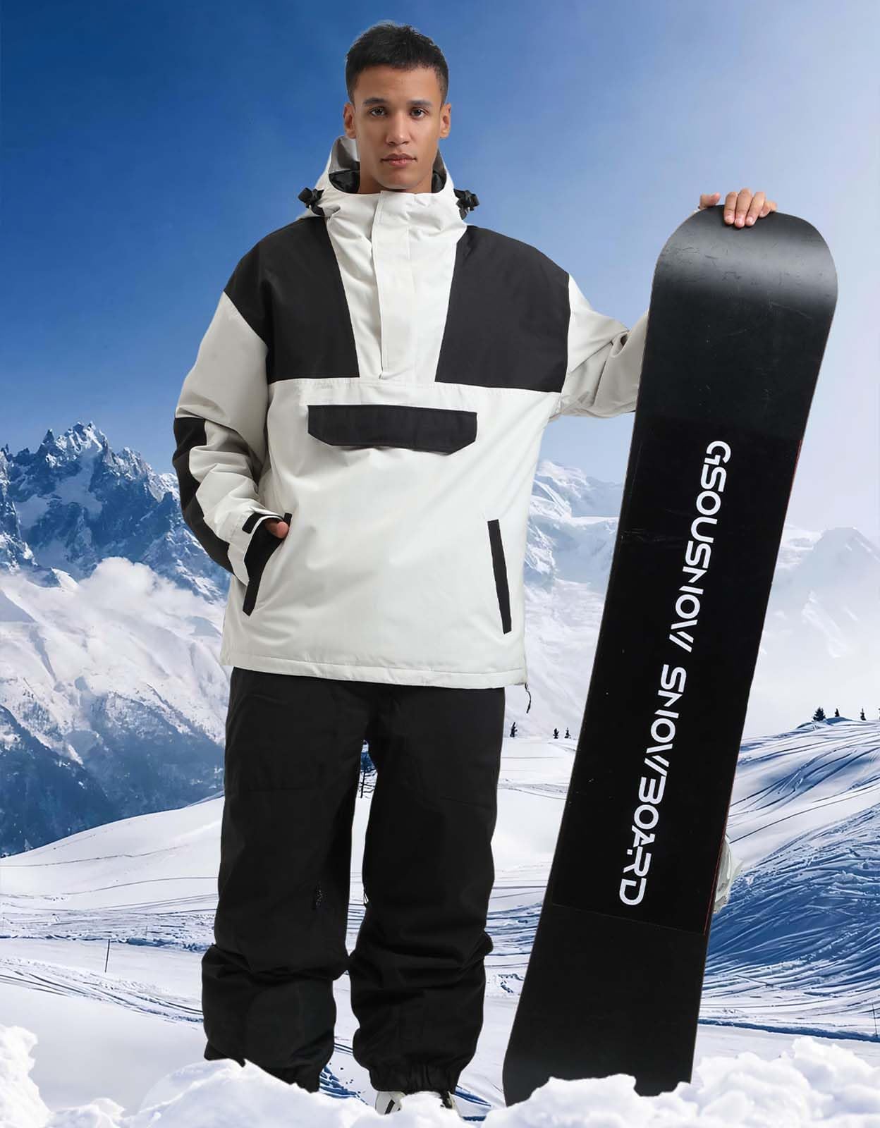 GSOU SNOW Veste de Ski et Snowboard pour Homme - Multi-poches Ample Baggy Unisexe Imperméable Coupe-vent Respirant Chaud à Capuche