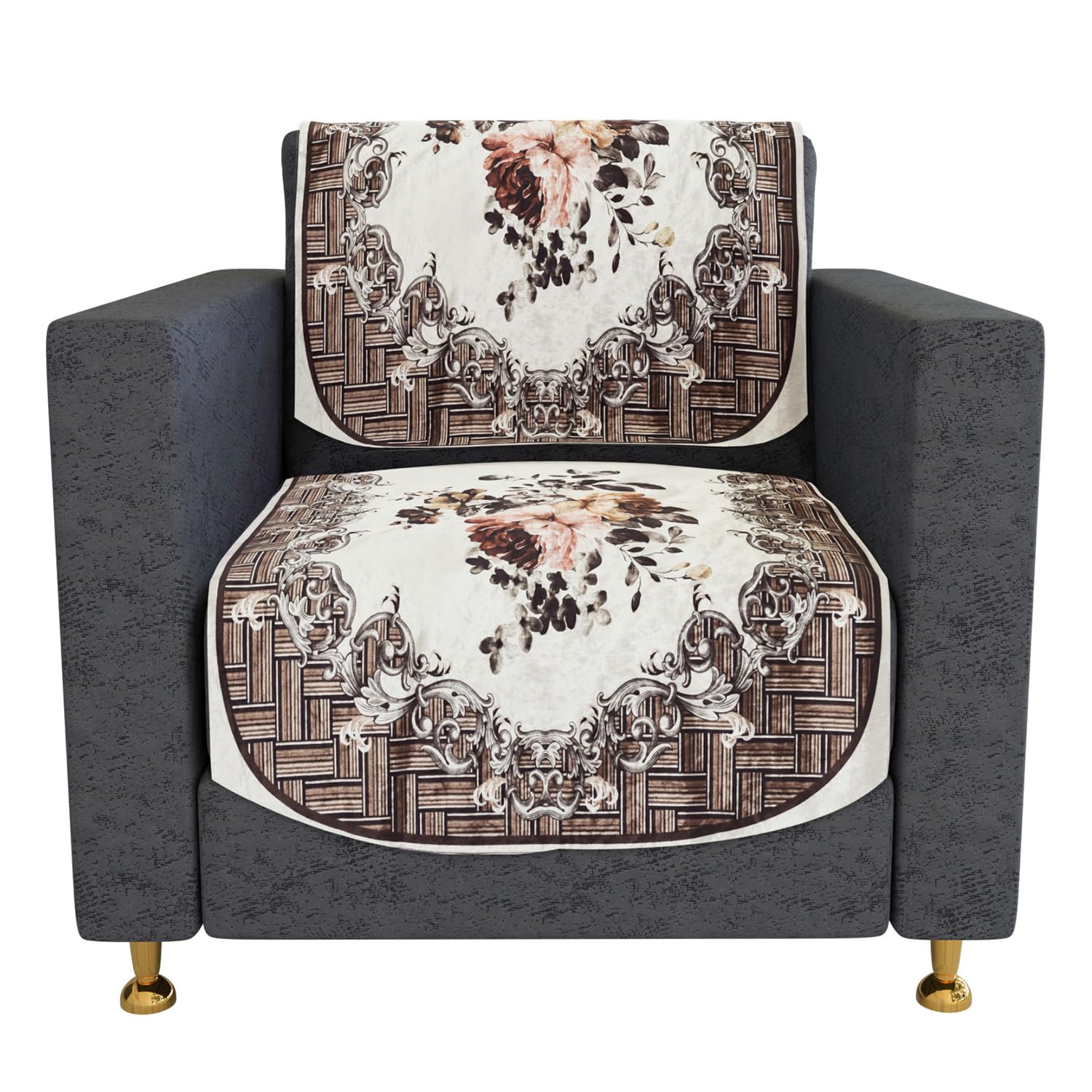 Kuber Industries Sofa Cover | Velvet Single Seater Sofa Slip Cover Set | Check Border Sofa Cover | Sofa Slipcover Set | Sofa Cover for Living Room | Brown