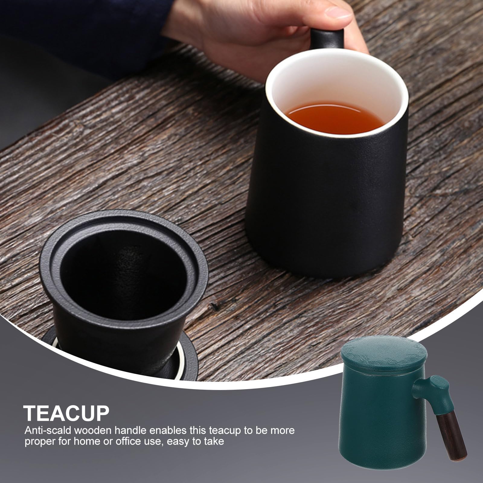 Hemobllo Taza de Té Capacidad 320ml y Base Antideslizante con Infusor y Tapa de Cerámica Verde, Mango de Madera Antiquemaduras para Oficina y Hogar