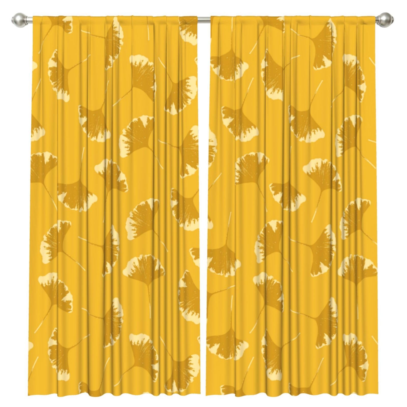 InOmak Ginkgo Leaves Floral On Yellow Ochre, 2 Panels Window Curtains 52 x 84 Inch Blackout Curtains for Living Room Bedroom