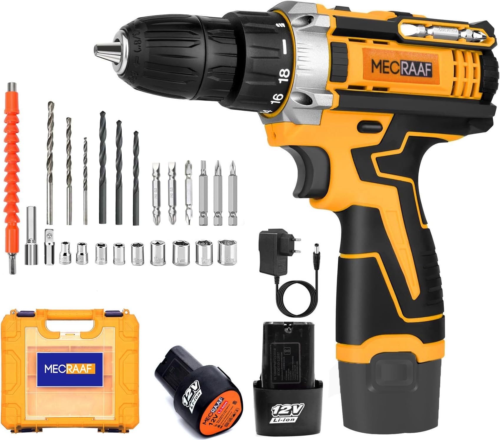 12V Li-ion Cordless Drill Machine with Reversible Function | Screwdriver | Chuck 10mm | 1350RPM | Torque 18+1 | Pistol Grip | Spiral Drill | 24 Accessories drill bits in carrying tool kit