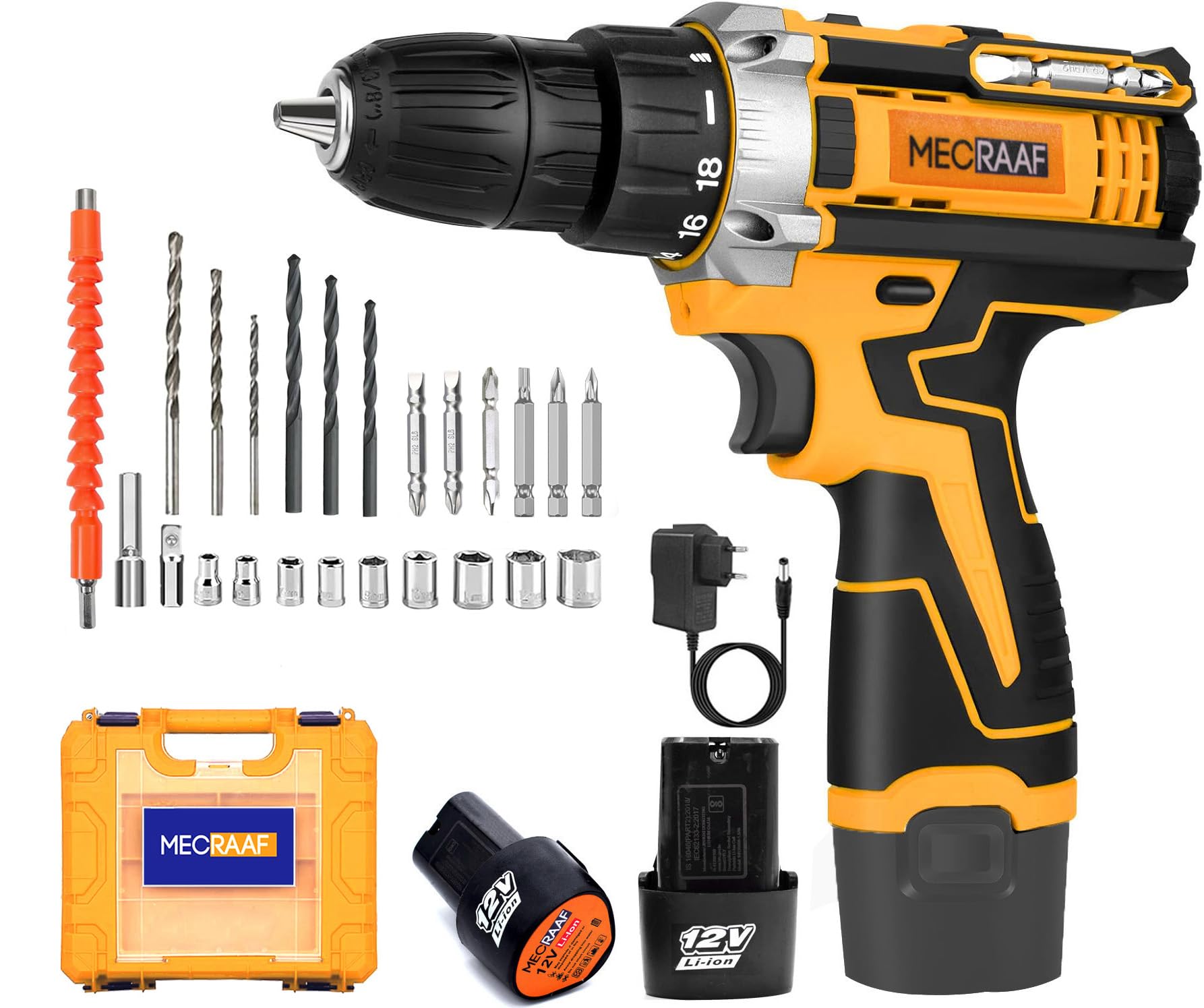 MECRAAF® 12V Li-ion Cordless Drill Machine | Screwdriver | Chuck 10mm | 1350RPM | Torque 18+1 | Pistol Grip | Spiral Drill | 24 Accessories drill bits in carrying tool kit | 6 months motor warranty-image-33