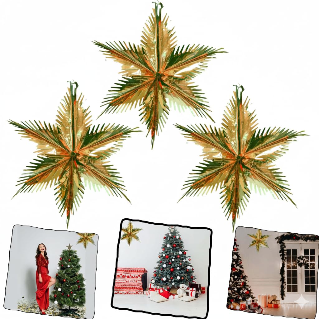 3x Large 60cm Gold Foil Star Decorations, Metallic 3D Hanging Starburst Ornaments for Xmas Tree Ceiling Wall Window Display, Reusable Christmas Party Home Festive Hanging Decor Set