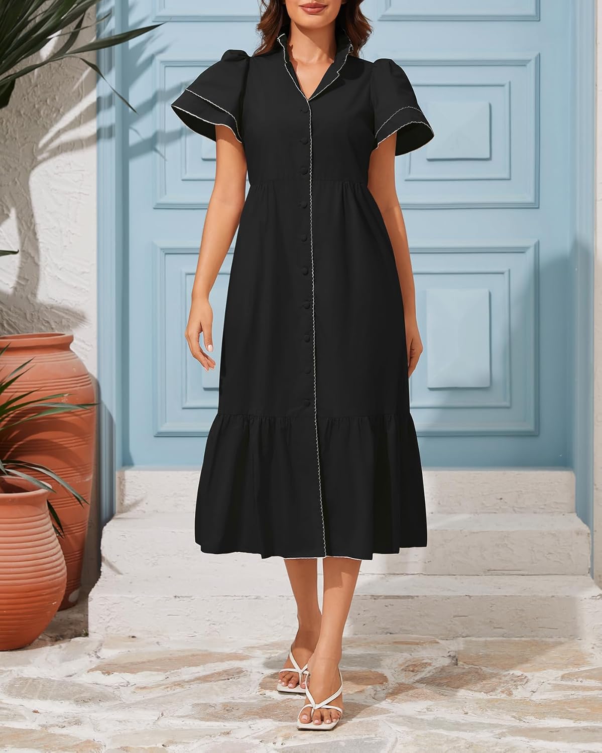 Kedera Women Maxi Petal Sleeve Button Down Dress Cover Ups Beach Dresses Ruffle Stand Collar Casual Dress - Image 3