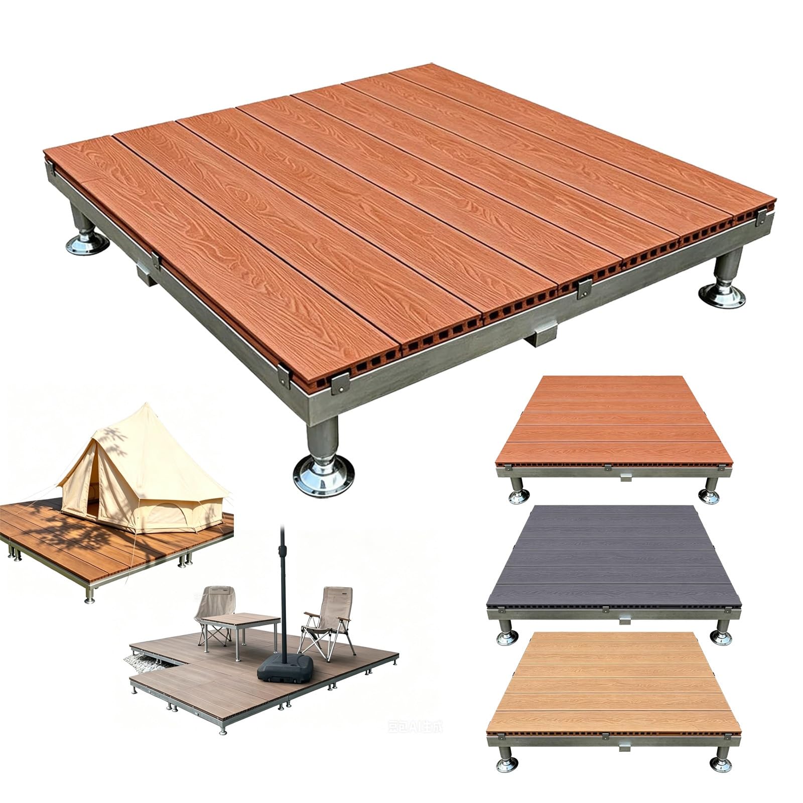 Piattaforma Rialzato Da Esterno Con Piedini Regolabile, Piastrelle Terrazze | 84x84cm WPC Pavimento Modulare, Telaio In Acciaio, Pavimentazione Per Giardino Campeggio, Impermeabile(Brown)