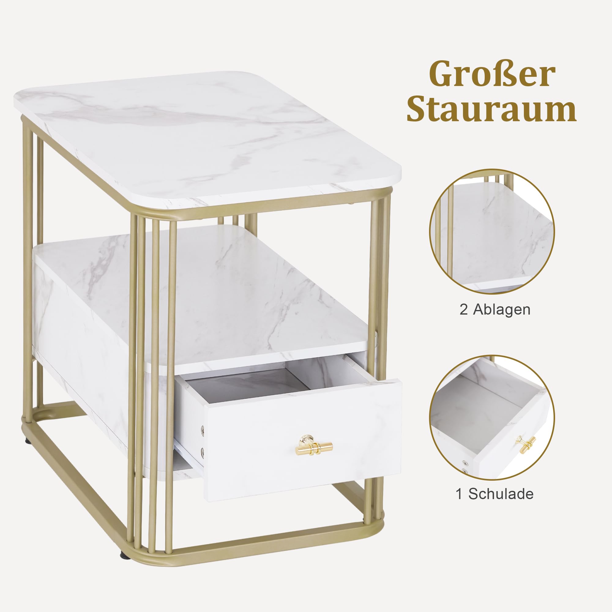 M MCombo 2138 - table d'appoint moderne avec tiroir - En marbre blanc et doré - Petite table basse en métal - Chevet avec 2 étagères