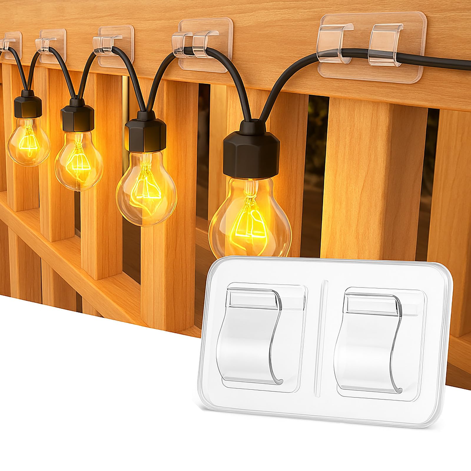 FOFAI Garden Fence Hooks for Lights: 50 Pack Waterproof UV-Resistant Fence Hooks with Adhesive Strips for Spring Summer Wedding String Lights - No-Damage Tool-Free Sticky Clip for Holiday Patio Decor