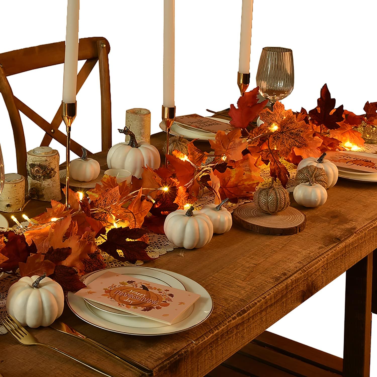 Artiflr 2 Pack Fall Garland Maple Leaf with 2pcs LED String Light, 5.9Ft/Piece Hanging Vine Garland Artificial Autumn Foliage Garland Thanksgiving Decor for Home Fireplace Party