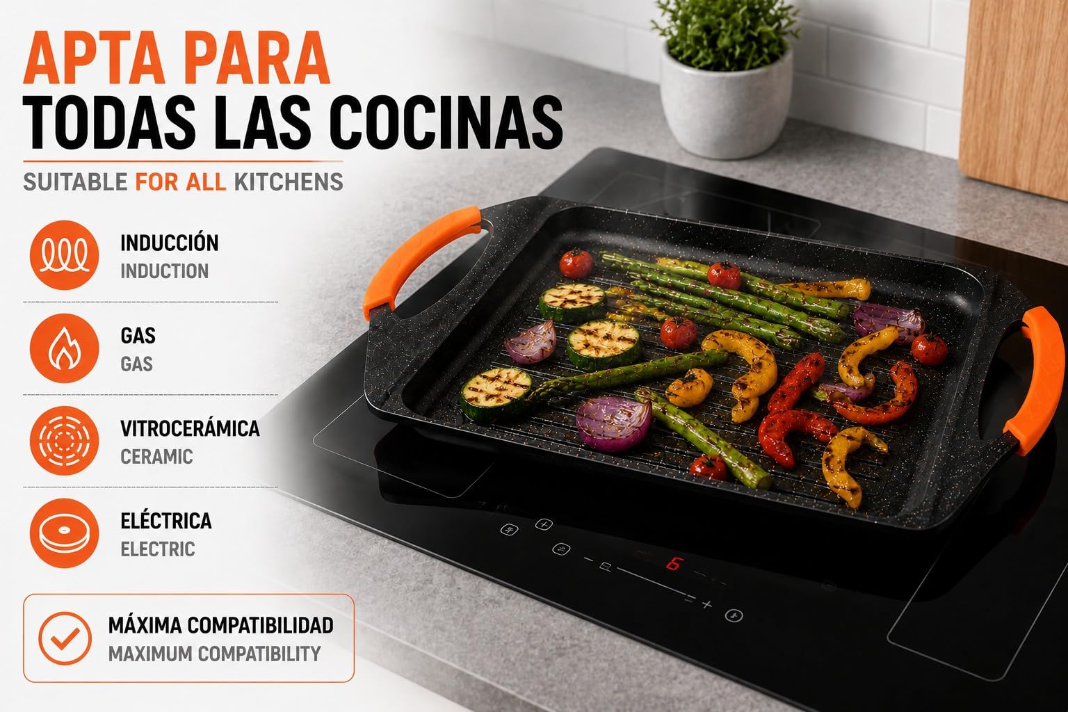 WECOOK! Ecochef Plancha Grill 45x26 cm, Antiadherente, Inducción | Aluminio fundido, Antiadherente 5 capas Quantanium, Asas silicona extraíbles, Apta inducción, gas y vitrocerámica