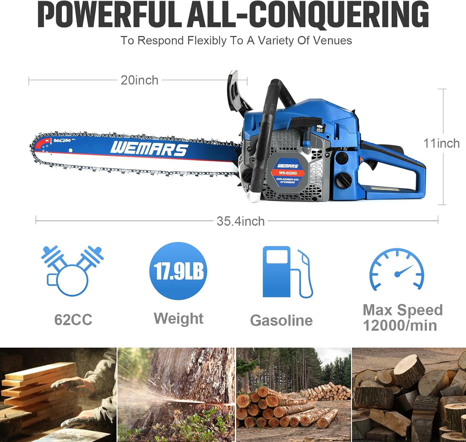Gas Chainsaw 62CC 20 Inch Gas Powered Chainsaws 2-Cycle Gasoline Handheld Cordless Petrol Chain Saws for Cutting Wood Tree Trimming Garden and Farm Use