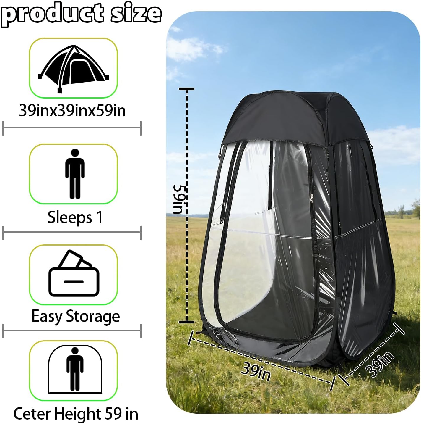 Portable Pop Up Sports Tent for 1 Person - 10 Second Instant Shelter with Clear View, Wind & Rain Protection for Outdoor Games, Fishing, Camping, Lightweight & Easy Carry