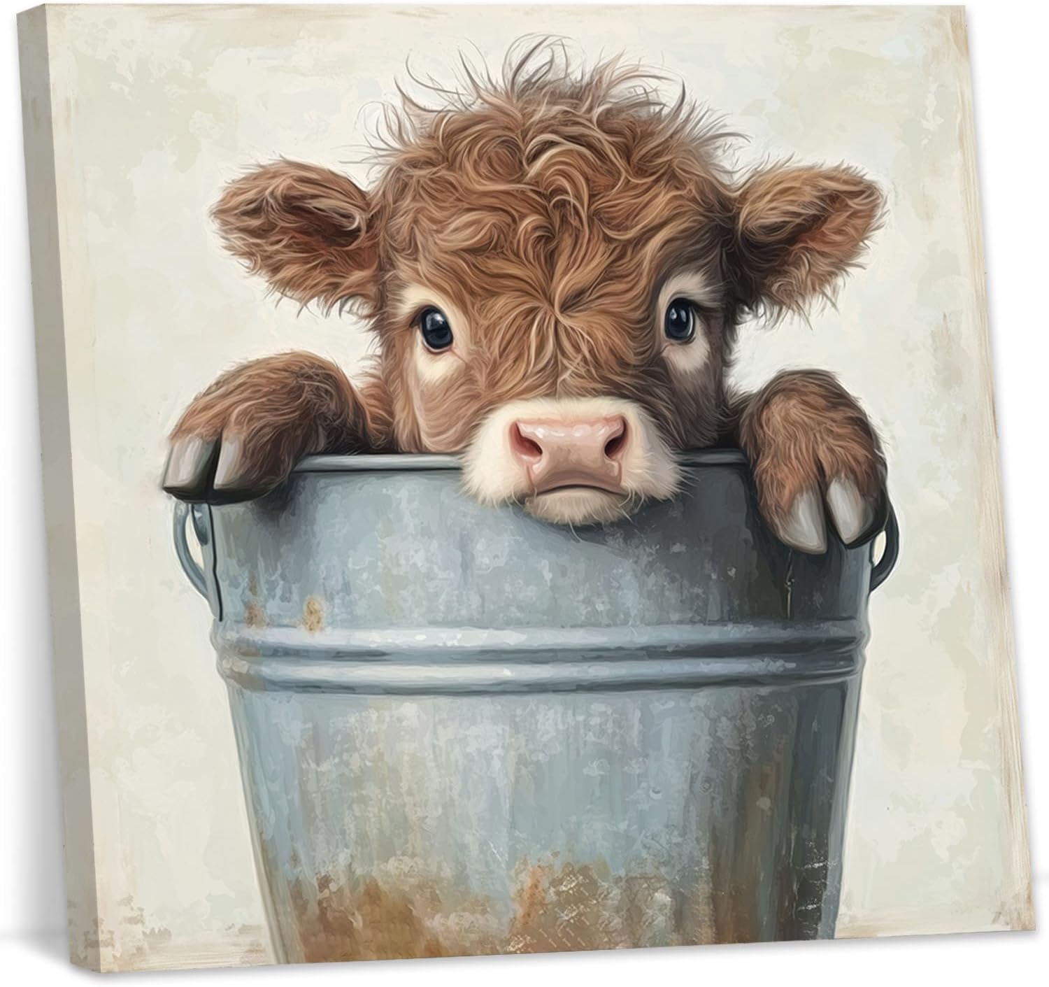 YMXZHUANSH Baby Highland Cow Wall Art Cute Cow in Bucket Canvas Print Farmhouse Animal Pictures Rustic Brown Cattle Painting for Nursery Decor Frame(Brown 12L x 12W)