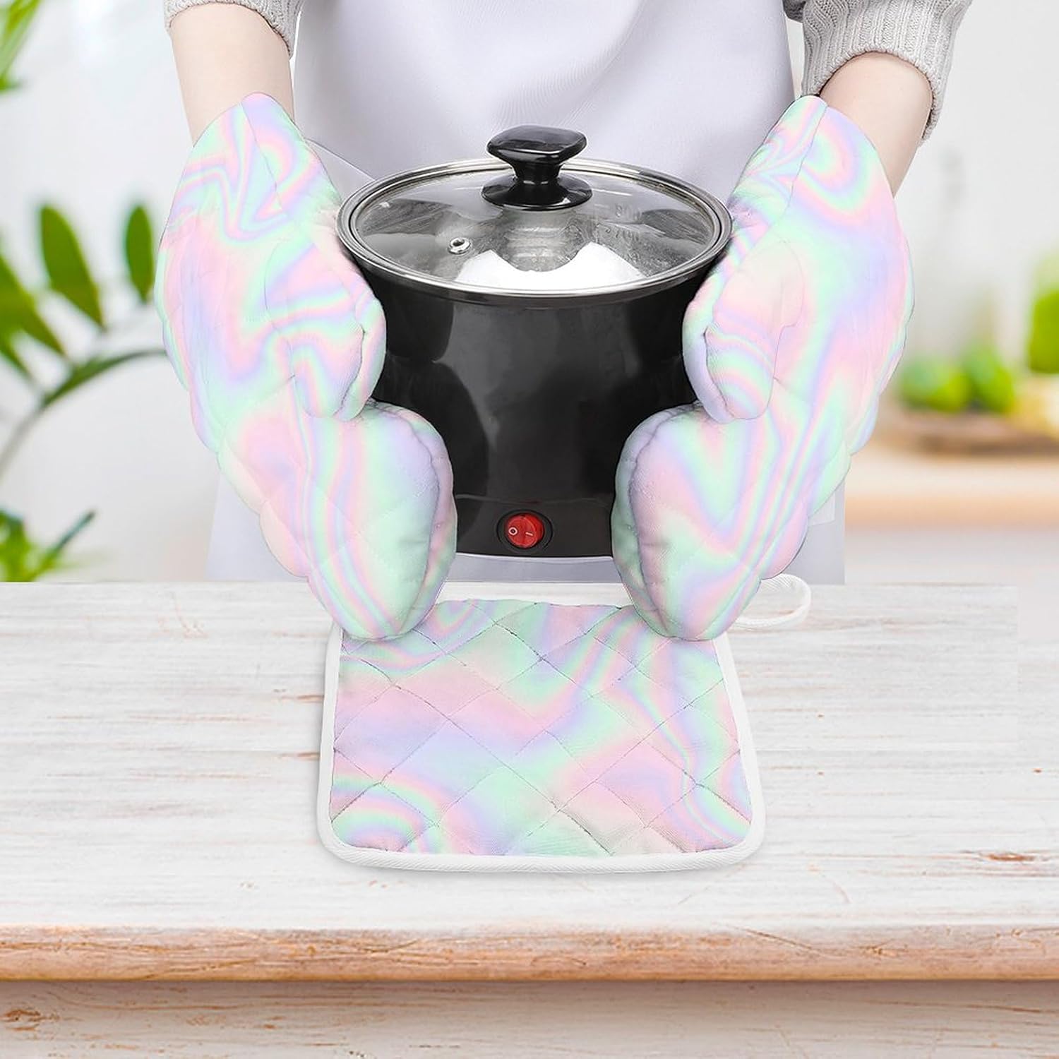 Pastel Holographic Foil Print Oven Mitts and Pot Holders 3 Piece Sets Heat Resistant Gloves Hot Pads Potholders for Kitchen Baking Cooking