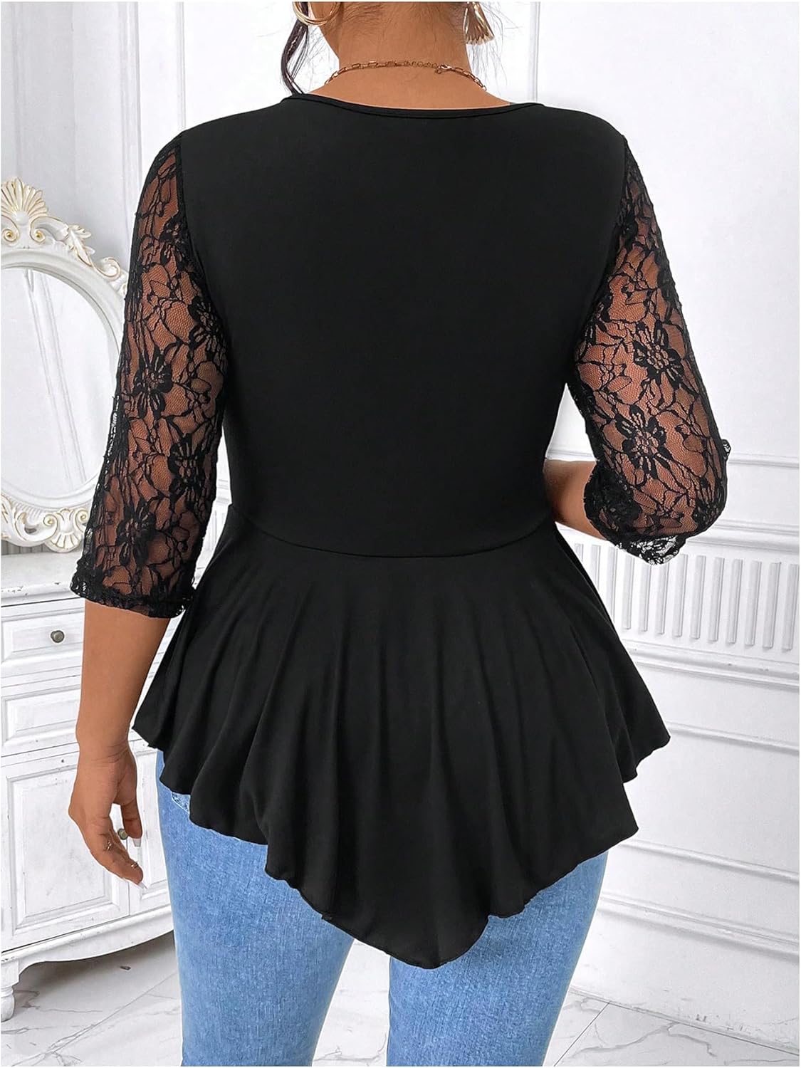GORGLITTER Women's Plus Size Peplum Tops Sheer Mesh Lace Patchwork Tops Asymmetrical 3/4 Sleeve Crew Neck Tees Shirt - Image 2