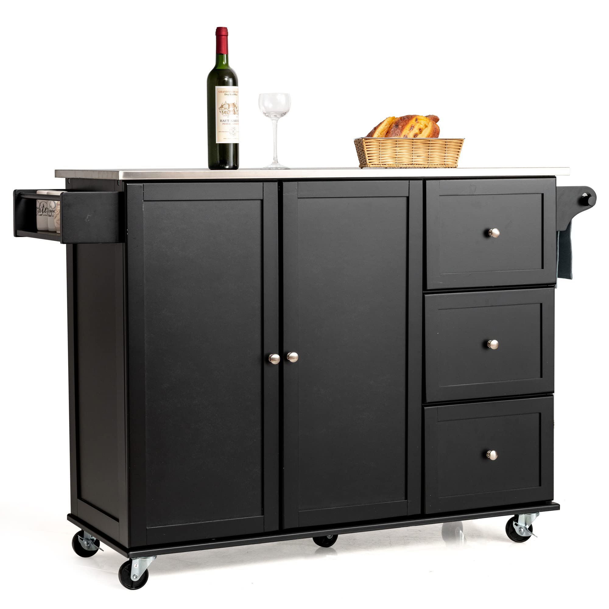 GLACER Kitchen Island Cart on Wheels, Rolling Kitchen Cart with Stainless Steel Countertop, Rolling Kitchen Island for Kitchen, Dining Room, Restaurant, 53 x 18 x 36 inches (Black)