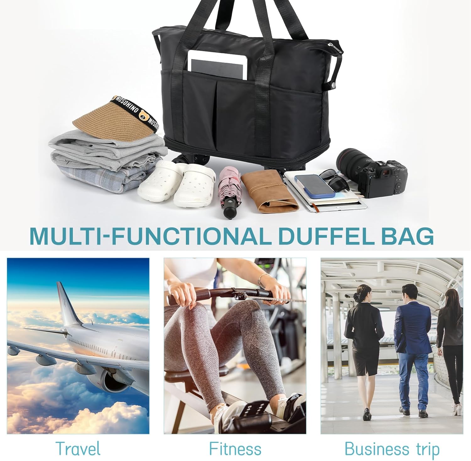 VOOWO Rolling Duffle Bag with Wheels, Expandable Foldable Duffel Bag with Wheels for Travel, Rolling Luggage Carry on Duffel Bag, Wheeled Travel Duffle Bag, Large Weekend Bag for Women & Men - Image 6