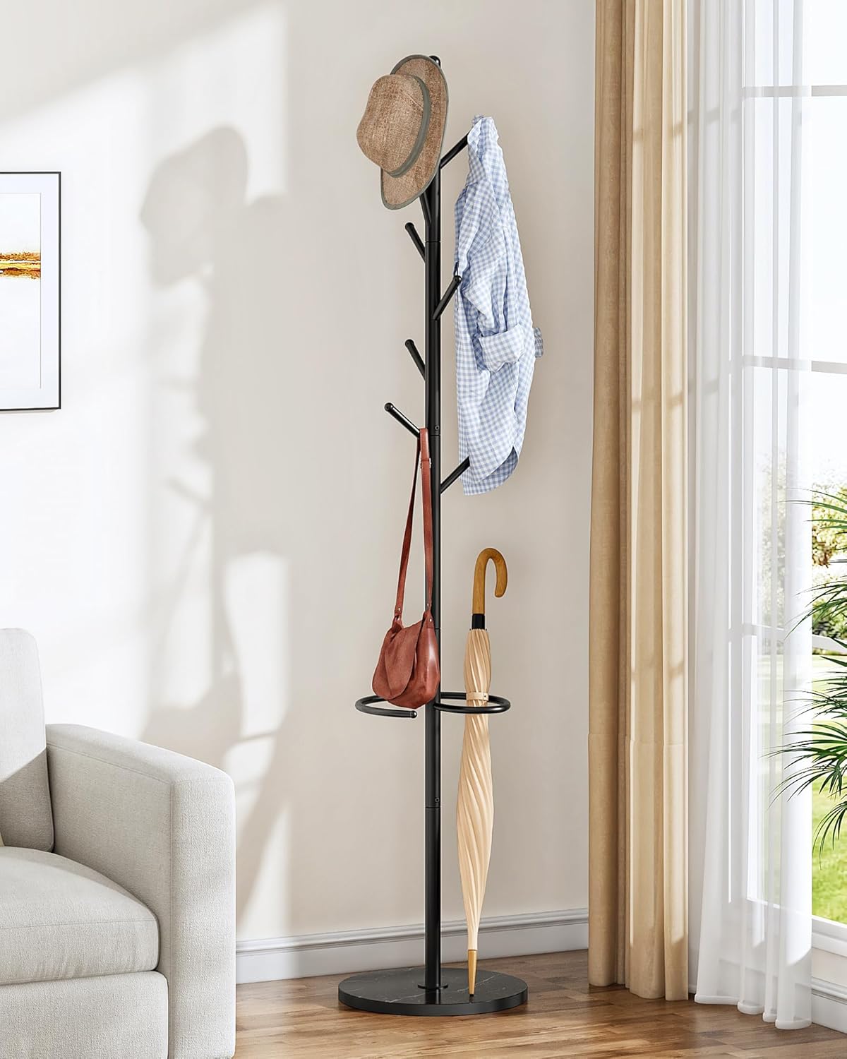 Coat Rack Freestanding, Coat Rack with Umbrella Holder, Coat Hanger Stand with 8 Hooks, Coat Tree with Marble Base, 3 Adjustable Size, for Entryway, Living Room, Bedroom Marble Black TYM09BD