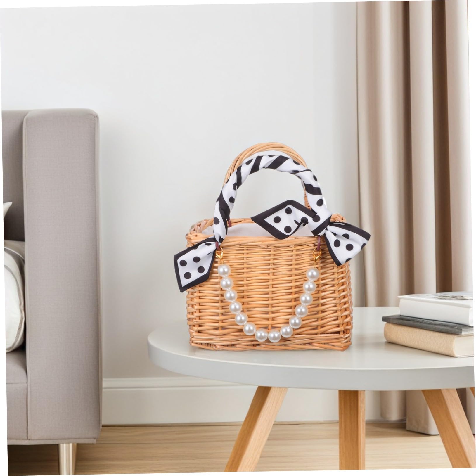 Ciieeo Handgewebter Rattan-blumenkorb mit Kunstperlen-griff Leichtes Offenes Design Vielseitige Verwendung als Tragetasche und Blumendekoration für Hochzeit Garten Picknick und Urlaub