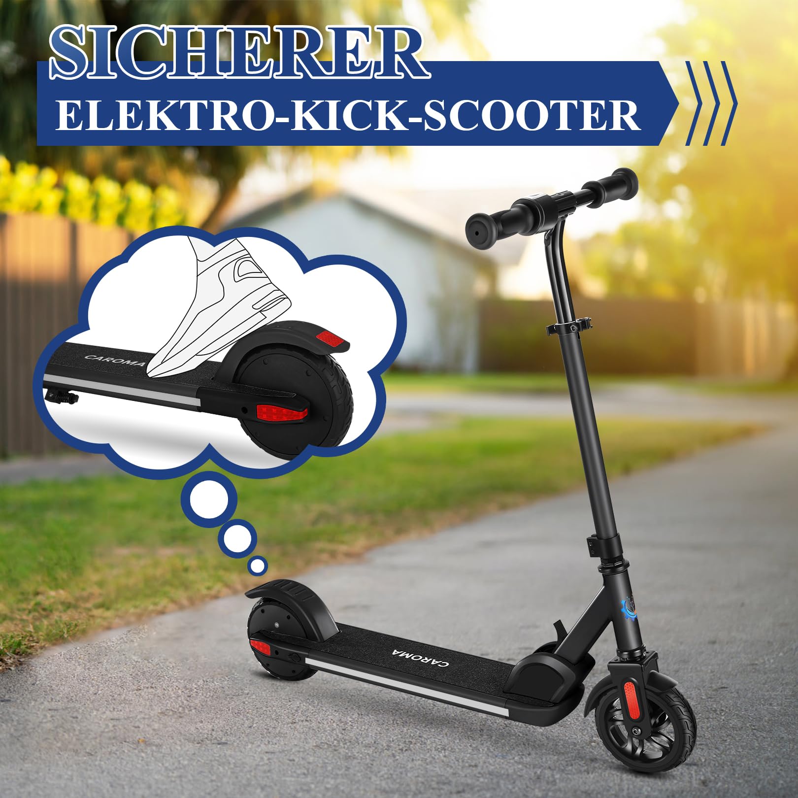 Caroma E Scooter für Kinder Alter 6-14, 150W/180W Motor, 16 km/h, 80 mins Fahrzeit, einstellbare Geschwindigkeit und Höhe, Bunte Lichter, LED-Anzeige, Faltbarer Kinder Elektroroller