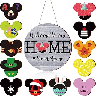 13 Pcs Spring Welcome Sign for Front Door Interchangeable,Mouse Wreaths Rustic Wood Hanging Signs Welcome to Our Home Door Sign Hangers Decor for Housewarming Gifts Outdoor Porch