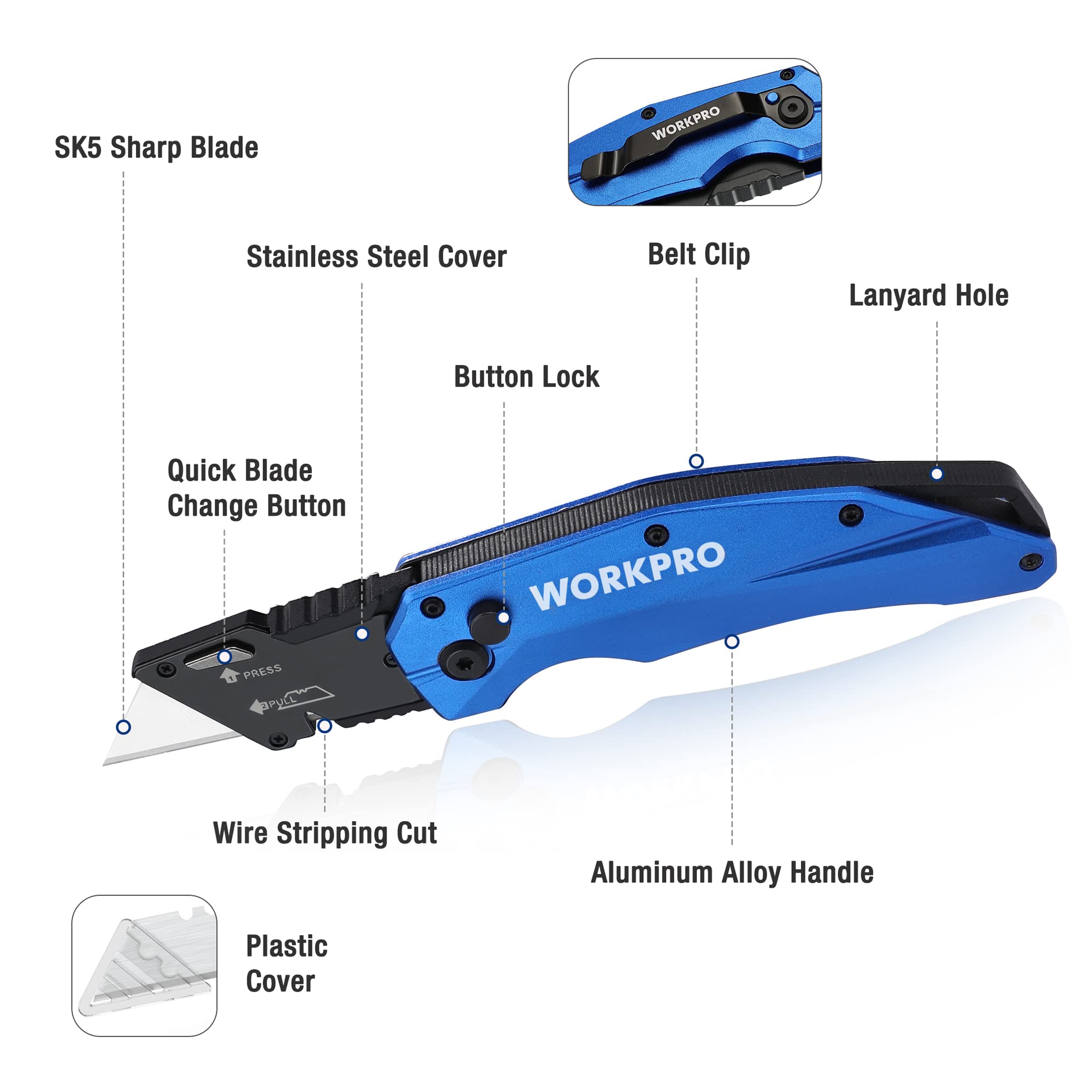 WORKPRO Cúter Plegable, Cortador de SK5, Cuchillo Utilitario con 10 Cuchillas Adicionales, Cutter con Cambio Rápido y Clip para Clip para Cinturón, Azul