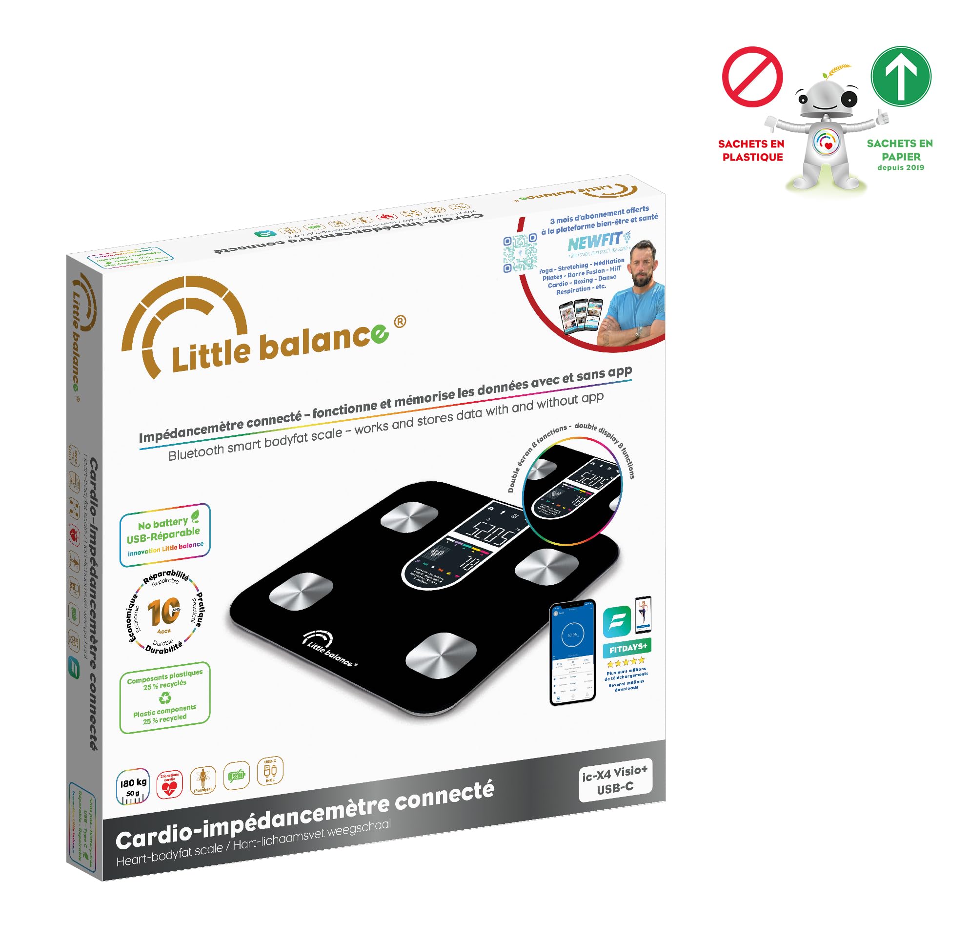 LITTLE BALANCE 8838 IC-X4-Visio, Pèse Personne, Ecran XXL couleur, Balance Impédancemètre Connecté, Pèse-personne Intelligent avec application, Sans Pile USB-C, 4 électrodes, 22 mesures, 180 kg/50 g