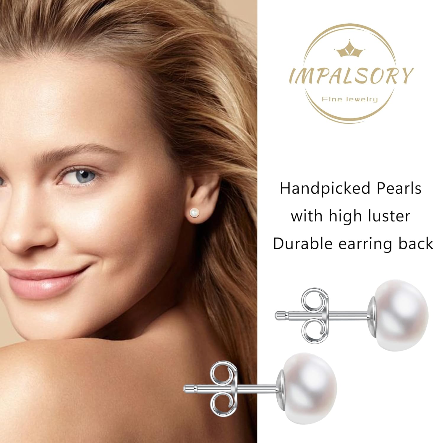 Handmade Pearl Earrings, Sterling Silver White Button Freshwater Cultured Pearl Stud Earrings for Women