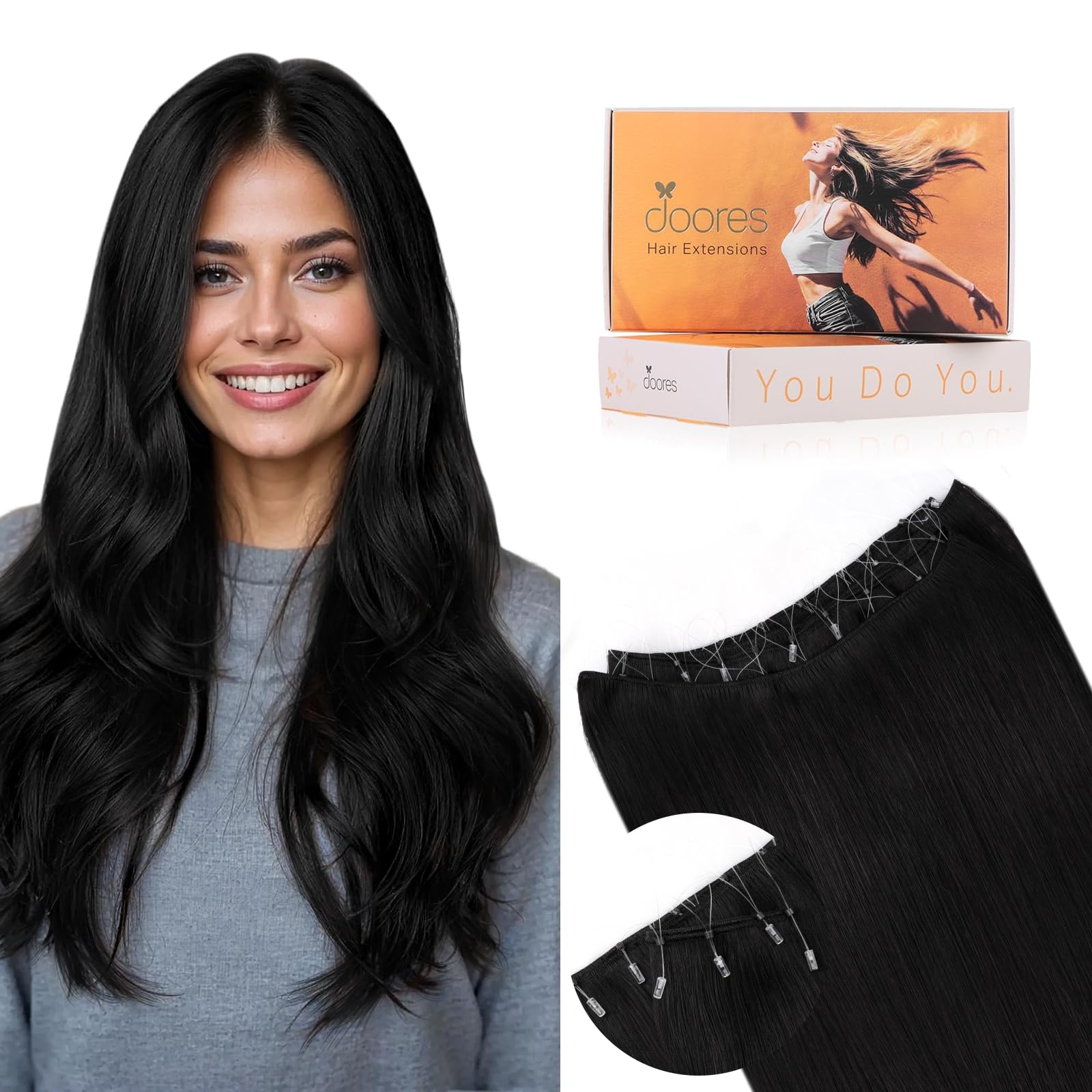 Photo 1 of DOORES Beaded Weft Hair Extensions Human Hair, 24 Inch #1B