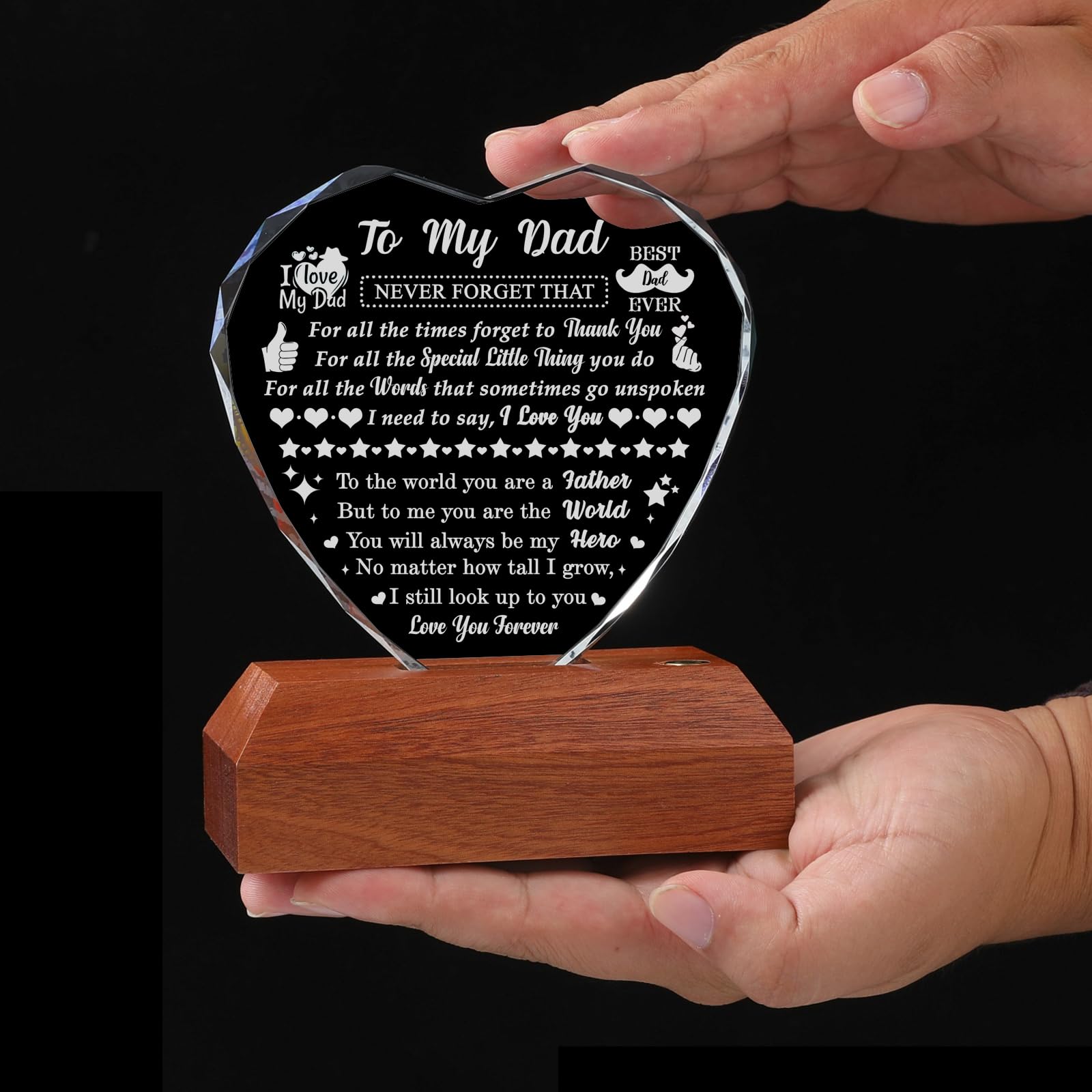 Regalo per papà da figlia figlio, regalo di compleanno per papà che non vuole niente, cuore in vetro laser regalo per festa del papà, Natale, San Valentino