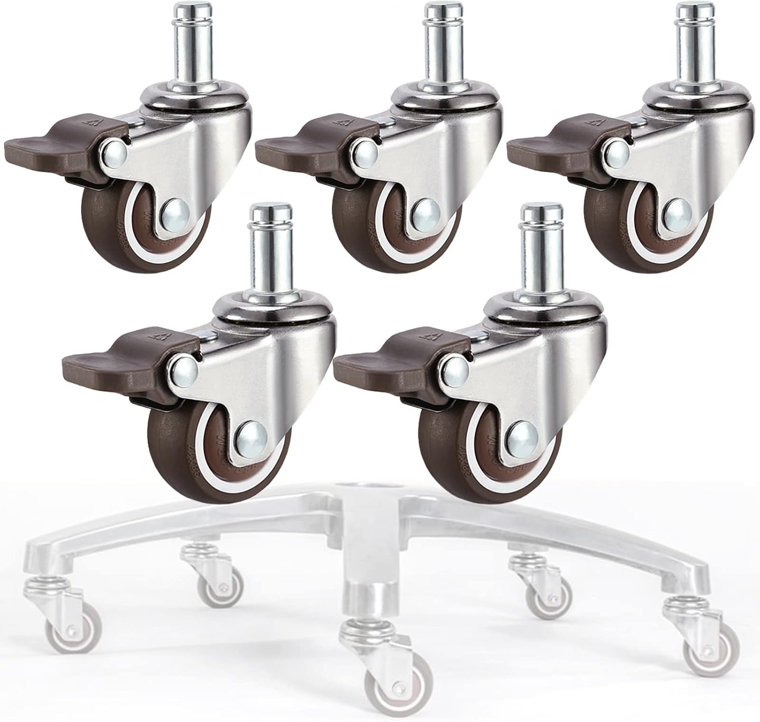 Swivel Stem Caster 7/16"×7/8",Set Of 5, Office Chair Casters 1.5Inch 2Inch Furniture Castors, No Noise Flexible Save Effort TPE Rubber Casters With Brakes, Replacement Foot Wheels For Furniture