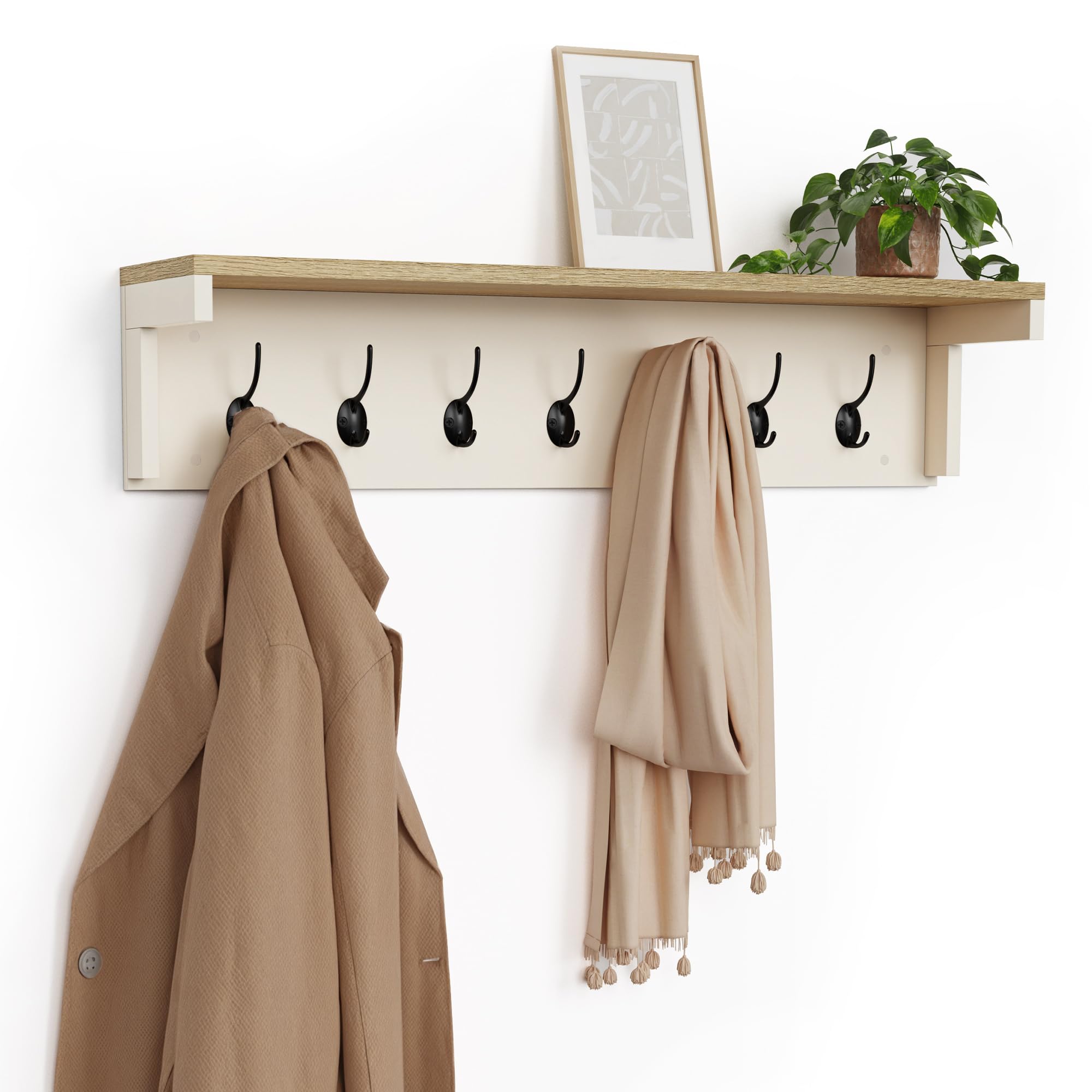 Vonhaus Cream Coat Hooks Wall Mounted - Coat Rack With Shelf & 7 Strong Double Hooks – Wall Mounted Jacket Hanger Hallway Organiser With Melamine Wood Effect For Hall & Entryway - Ash Hall