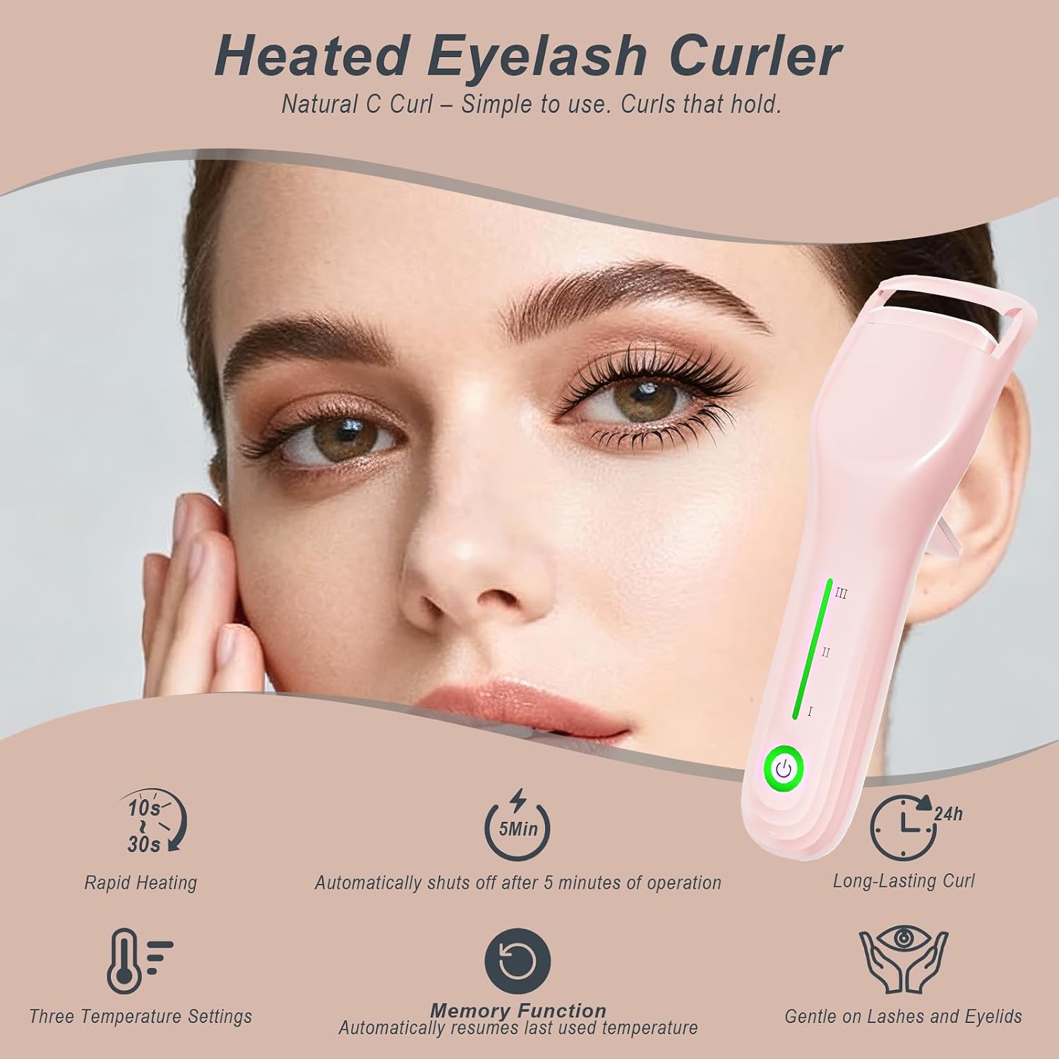 Heated Eyelash Curler for Women, Type-C Rechargeable with 3 Temp Settings & Silicone Pad for Natural C Curl, Travel-Friendly Heated Lash Curler (Pink)