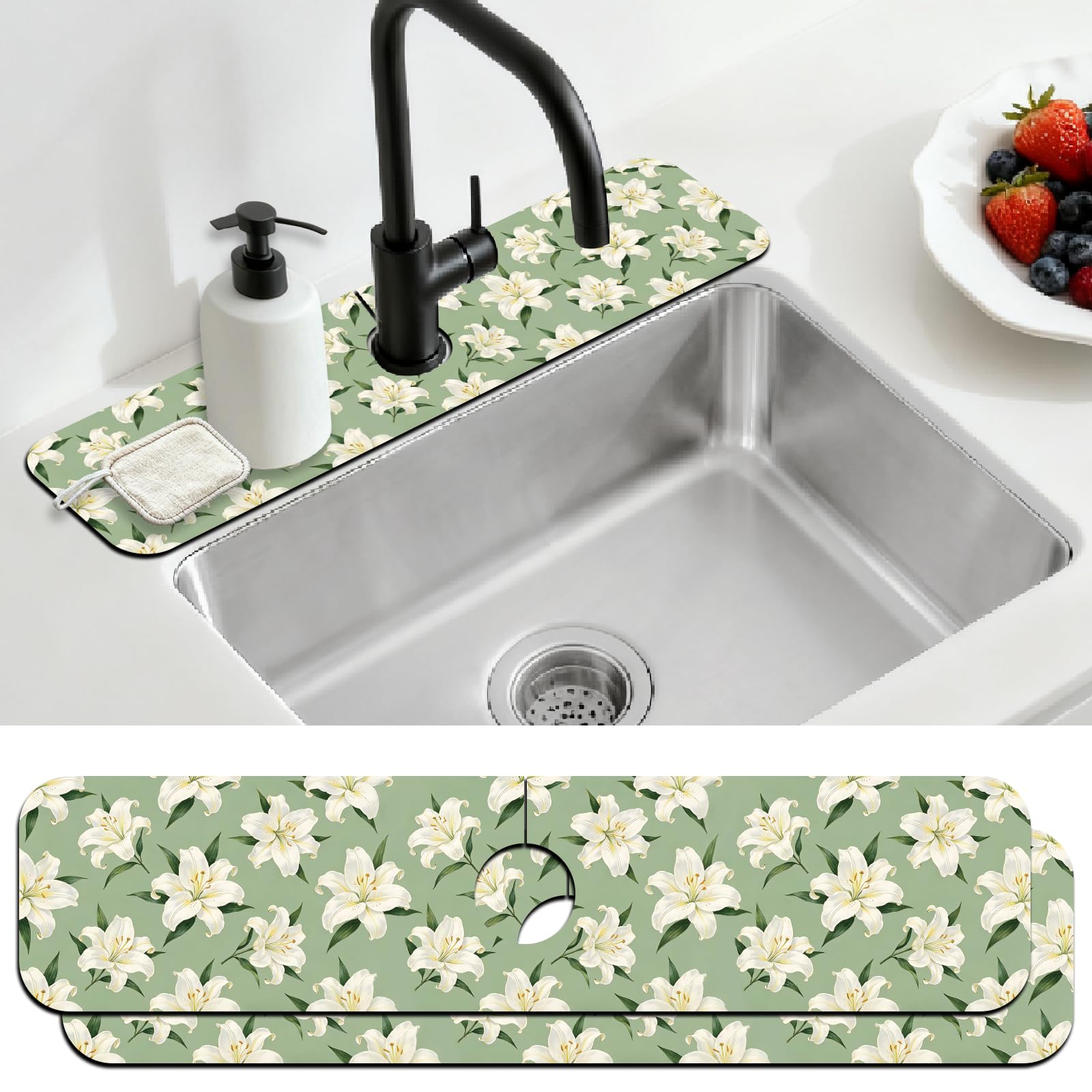 CONCHLERY 2 Pcs Kitchen Sink Splash Guard Faucet Mat Lily Faucet Mat for Sinks Flowering Plant Absorbing Drying Mats for Kitchen Bathroom, 23.6x5.5inch โ image 1