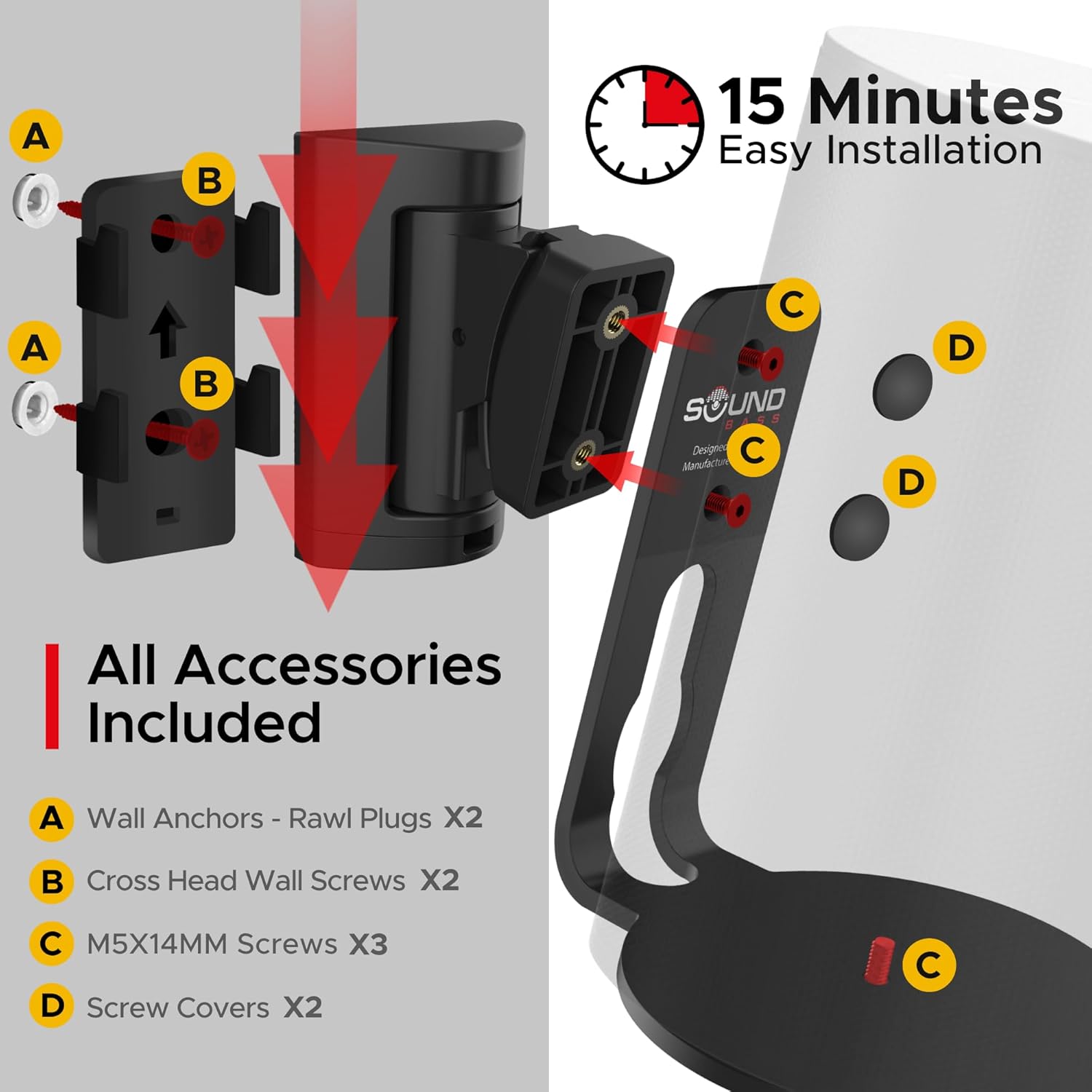 Sound Bass ERA100 Wall Mount Bracket, Tilt and Swivel, Black, Twin (2pcs), Compatible with Sonos ERA 100, Effortless Installation, Includes Mounting Kit, Double, Pair - Image 6