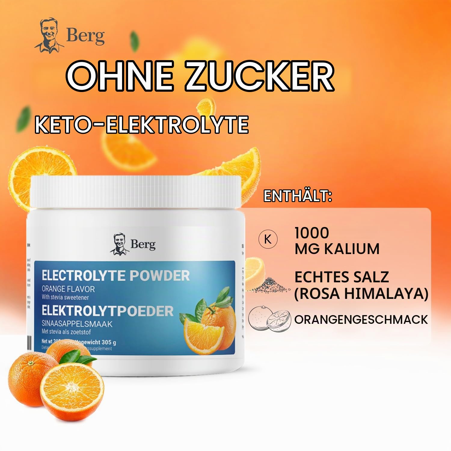 Berg Elektrolyt-Pulver – Orangengeschmack – Mit rosa Himalaya-Salz – 1000 mg Kalium & 120 mg Magnesium pro Portion – Ohne Zucker – 50 Portionen